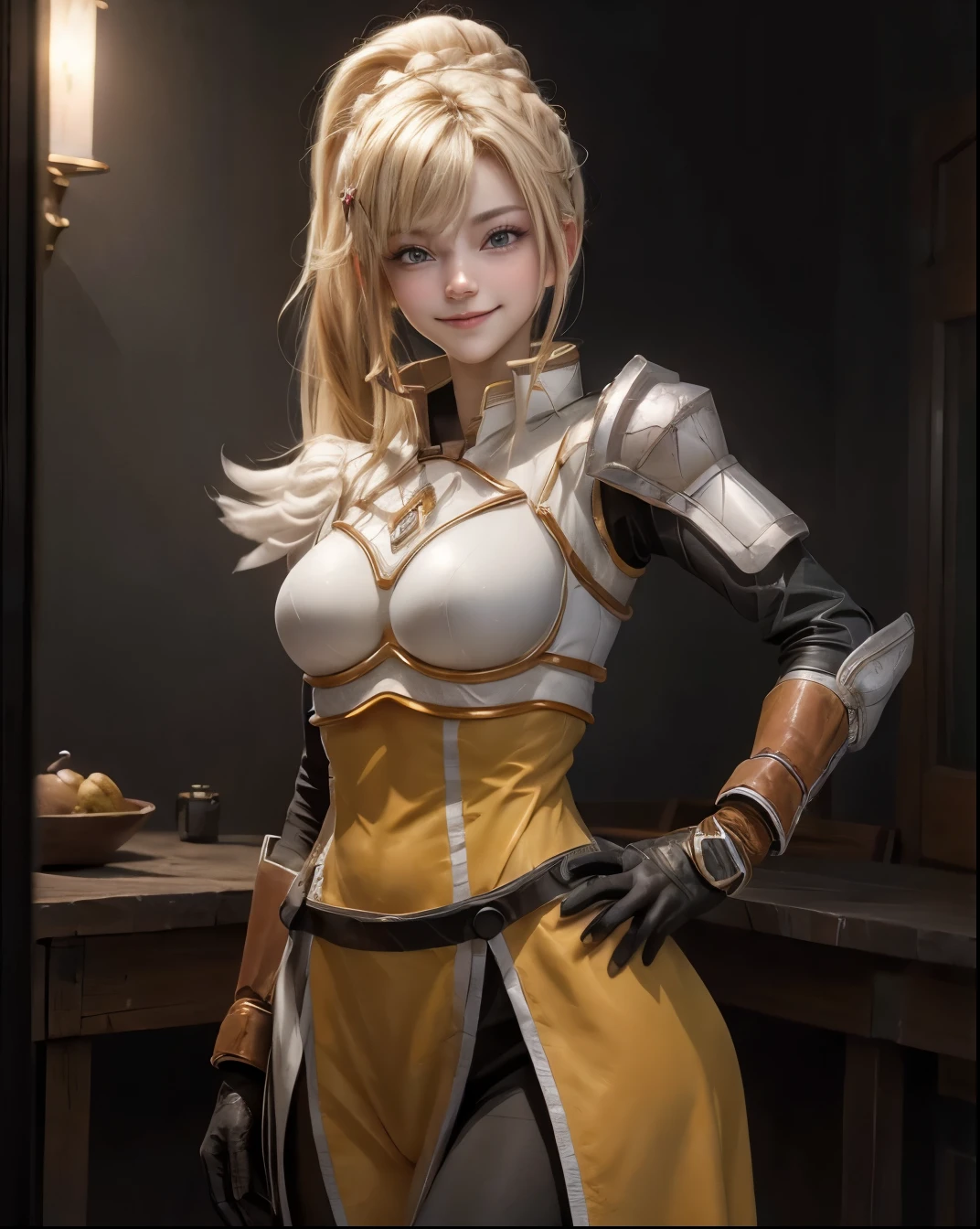 (masterpiece, best quality:1.2), cowboy shot, solo, 1girl, ksdarkness, smile, looking at viewer, hand on hip, ponytail, x hair ornament, armor, shoulder armor, bodysuit, black gloves 