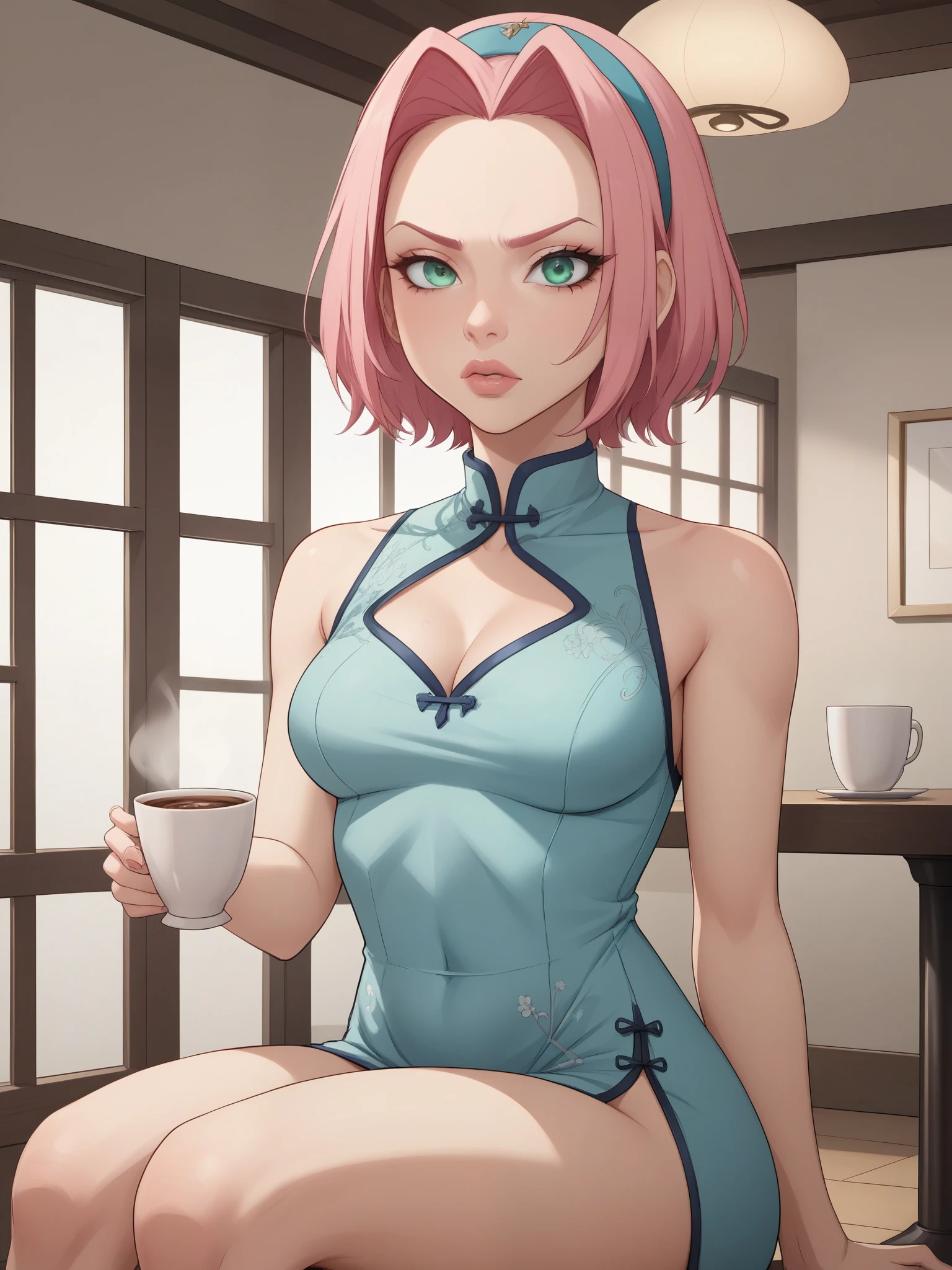 Haruno Sakura.short pale pink hair, large light green eyes, a large forehead, thin lips, small saggy breasts and very fair skin. A disdainfully angry expression on his face. choker. china dress. cafe. a cup of coffee and croissants. sitting. 
