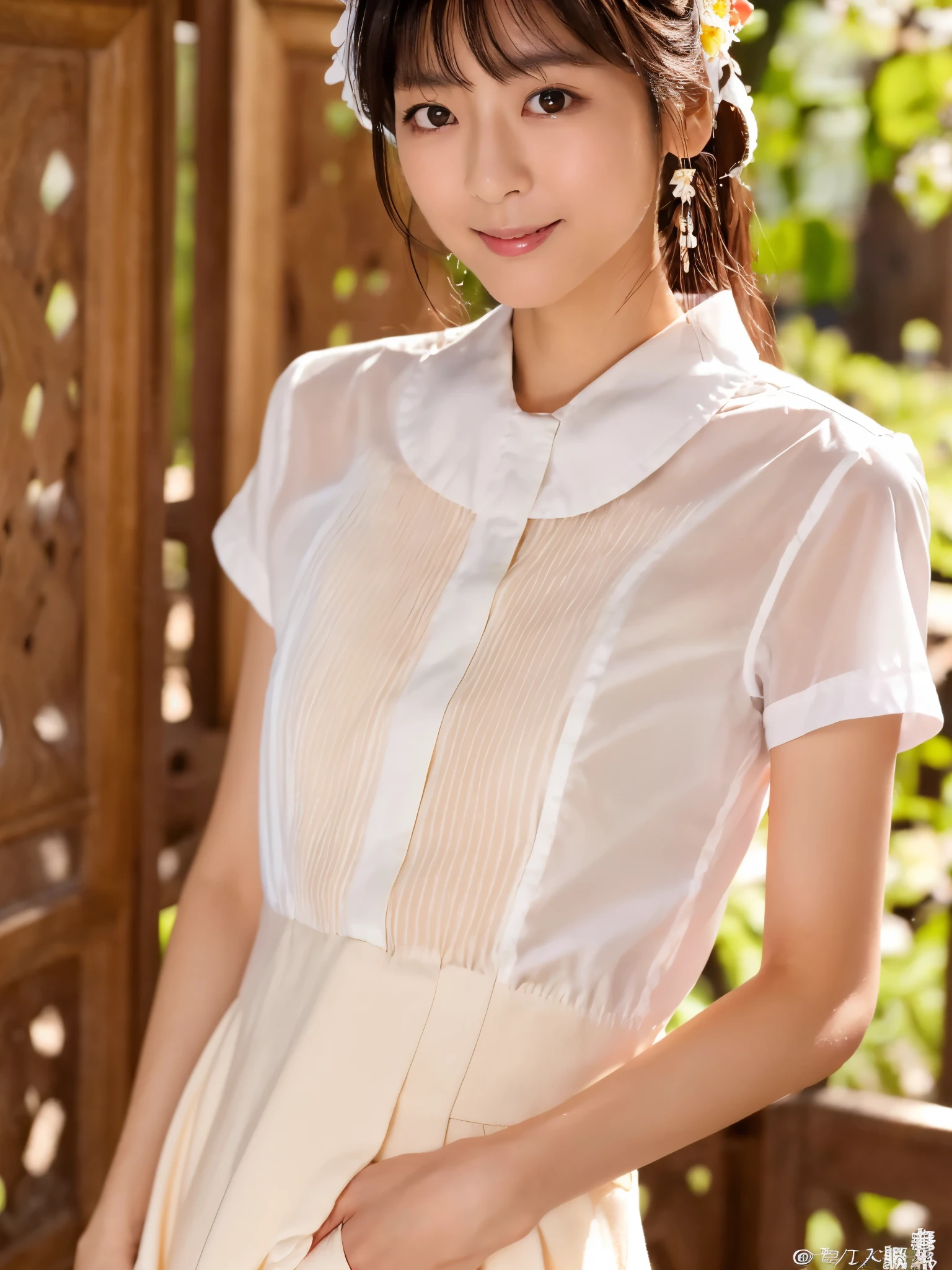 Masterpiece, high quality, high resolution, 8K, ((Skinny Japanese woman in a costume which consists of a short-sleeved white shirt and a light-brown long skirt)), beautiful face, natural makeup, detailed face, detailed eyes, a photo that feels endearing