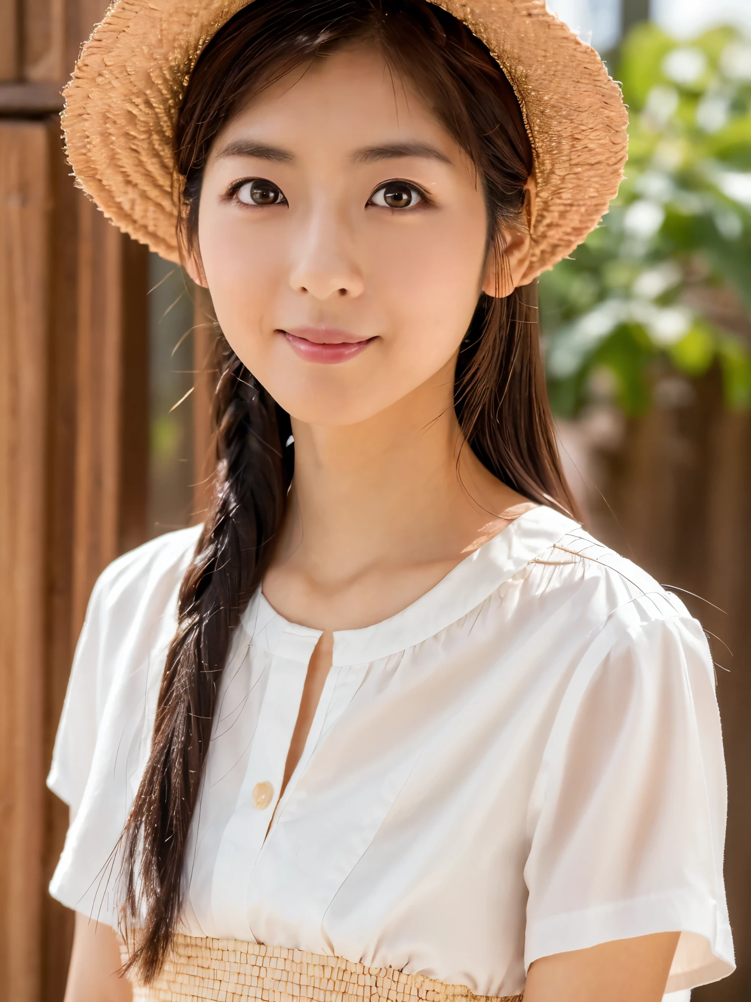 Masterpiece, high quality, high resolution, 8K, ((Skinny Japanese woman in a costume which consists of a short-sleeved white shirt and a light-brown long skirt)), beautiful face, natural makeup, detailed face, detailed eyes, a photo that feels endearing