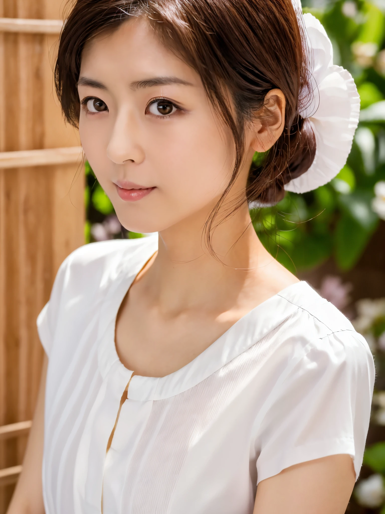 Masterpiece, high quality, high resolution, 8K, ((Skinny Japanese woman in a costume which consists of a short-sleeved white shirt and a light-brown long skirt)), beautiful face, natural makeup, detailed face, detailed eyes, a photo that feels endearing