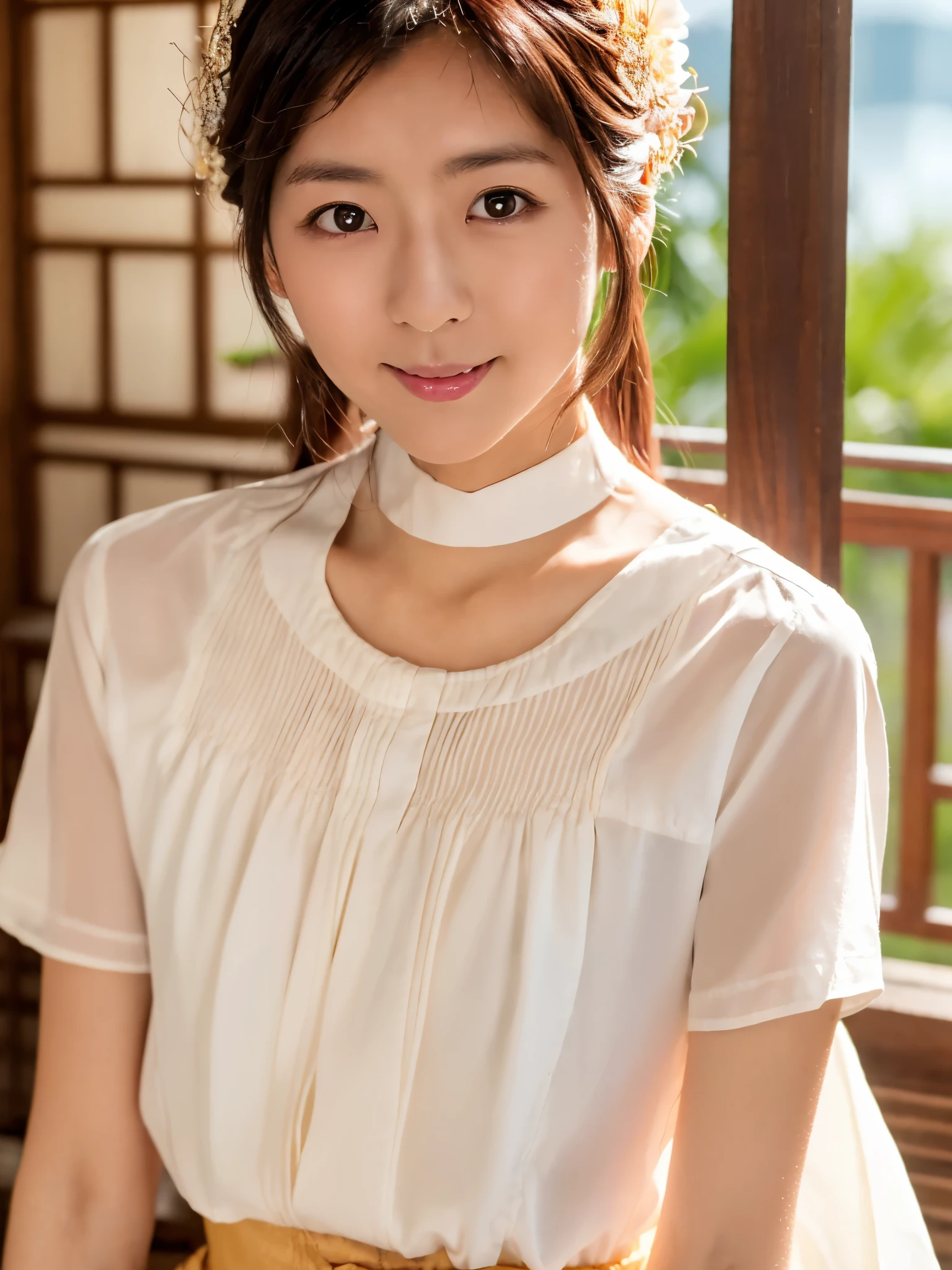 Masterpiece, high quality, high resolution, 8K, ((Skinny Japanese woman in a costume which consists of a short-sleeved white shirt and a light-brown long skirt)), beautiful face, natural makeup, detailed face, detailed eyes, a photo that feels endearing