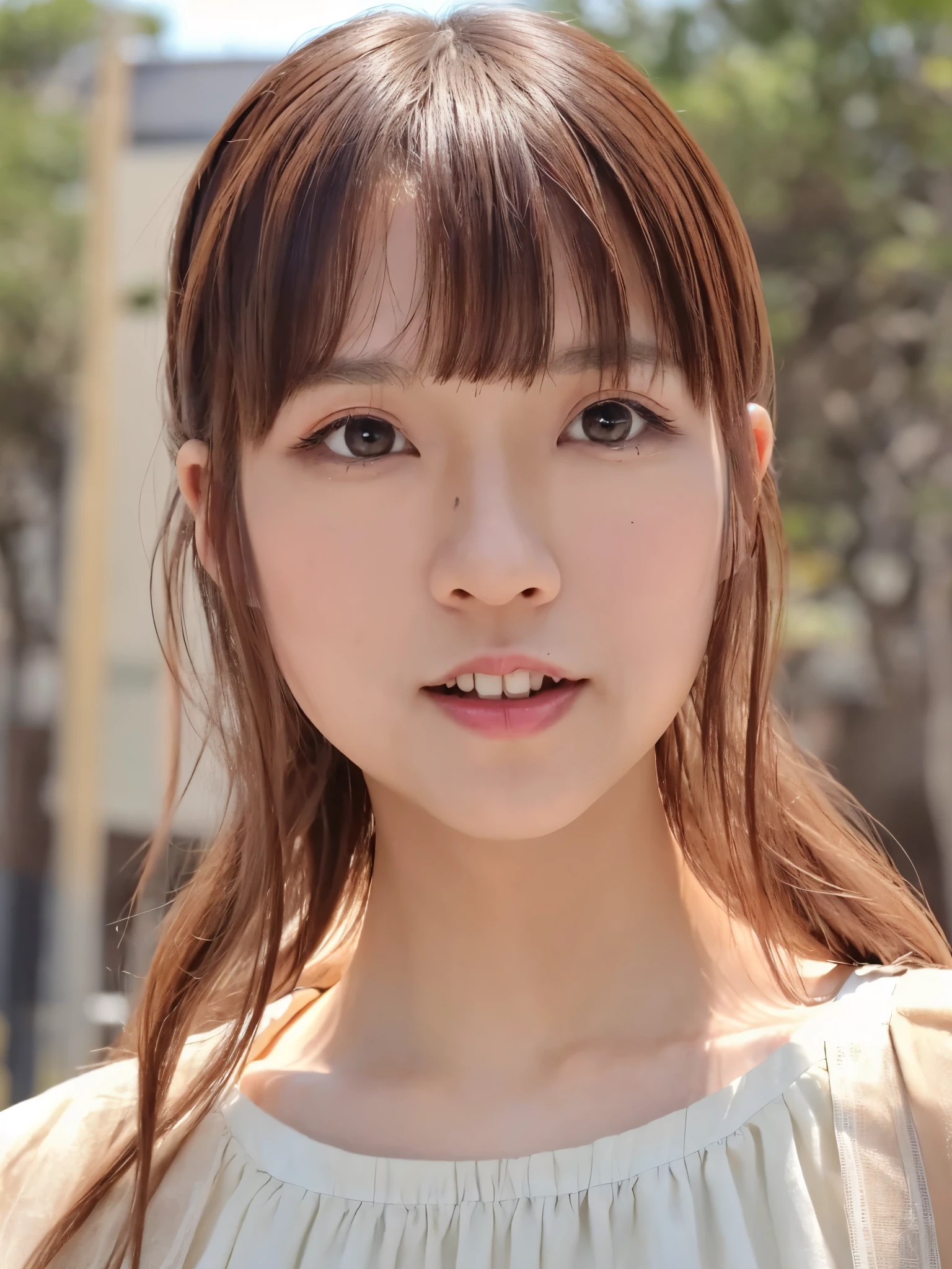 Masterpiece, high quality, high resolution, 8K, ((Skinny Japanese woman in a costume which consists of a short-sleeved white shirt and a light-brown long skirt)), beautiful face, natural makeup, detailed face, detailed eyes, a photo that feels endearing