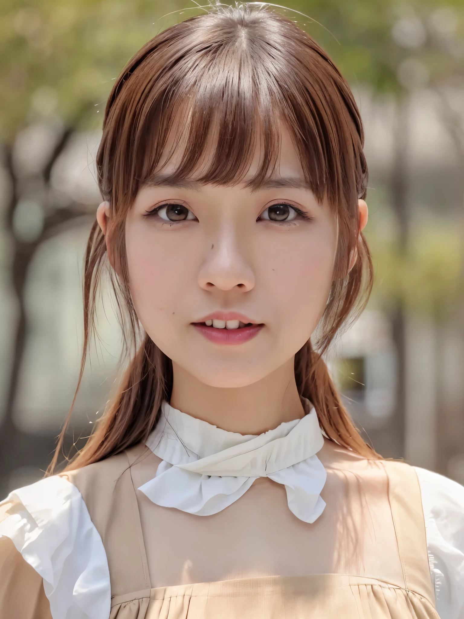 Masterpiece, high quality, high resolution, 8K, ((Skinny Japanese woman in a costume which consists of a short-sleeved white shirt and a light-brown long skirt)), beautiful face, natural makeup, detailed face, detailed eyes, a photo that feels endearing