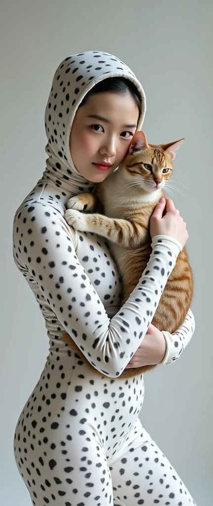The beautiful,slender thin and clever Malaysian muslimah adult female girl with beautiful cheeks wears white leopard print costume lycra turtleneck unitard catsuit covered with patterns and white leopard print lycra elastane stretchy dancewear hijab covered with patterns.She hugs her pet cat.
