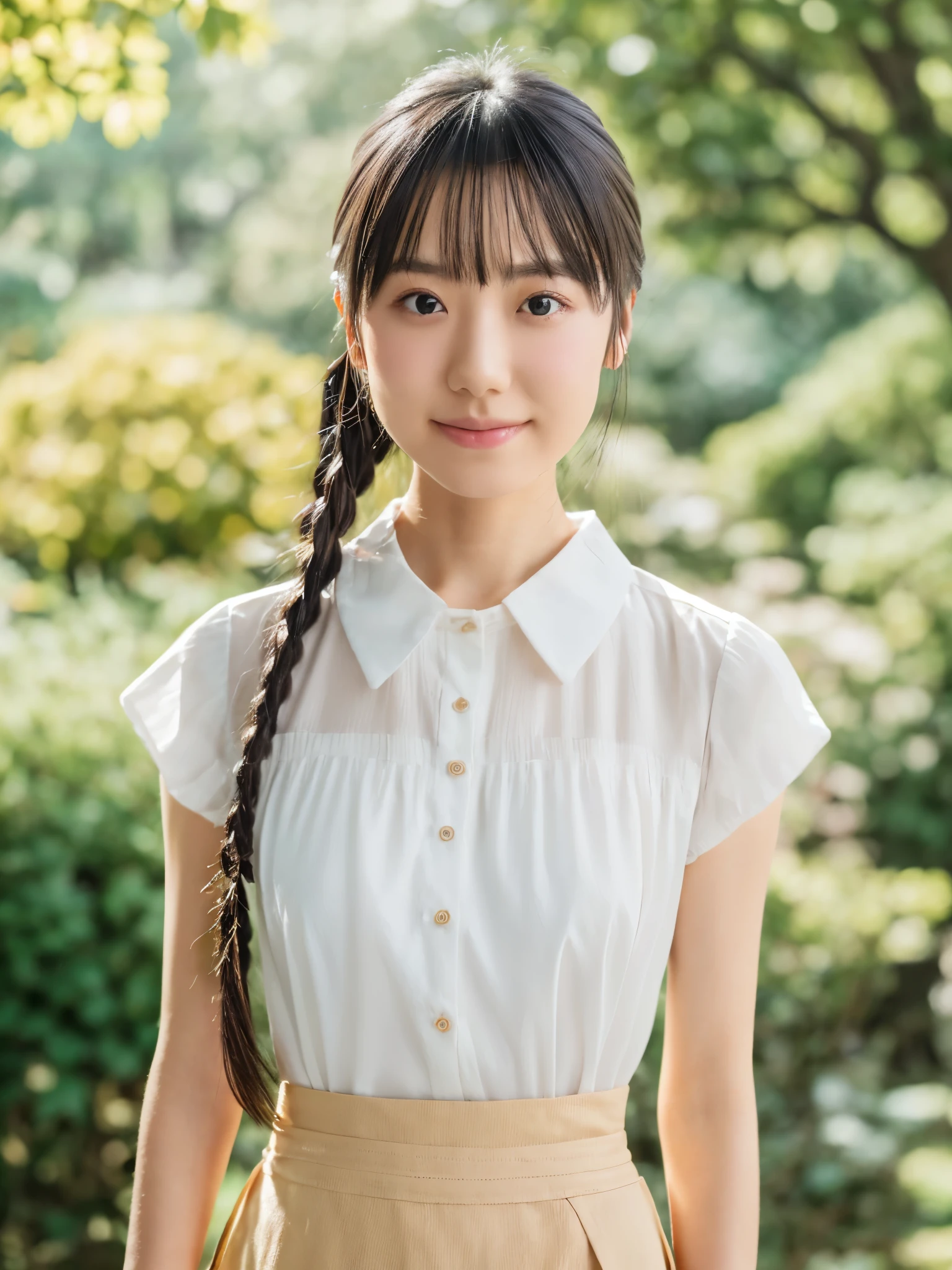 Masterpiece, high quality, high resolution, 8K, ((Skinny Japanese woman in a costume which consists of a short-sleeved white shirt and a light-brown long skirt)), beautiful face, natural makeup, detailed face, detailed eyes, a photo that feels endearing