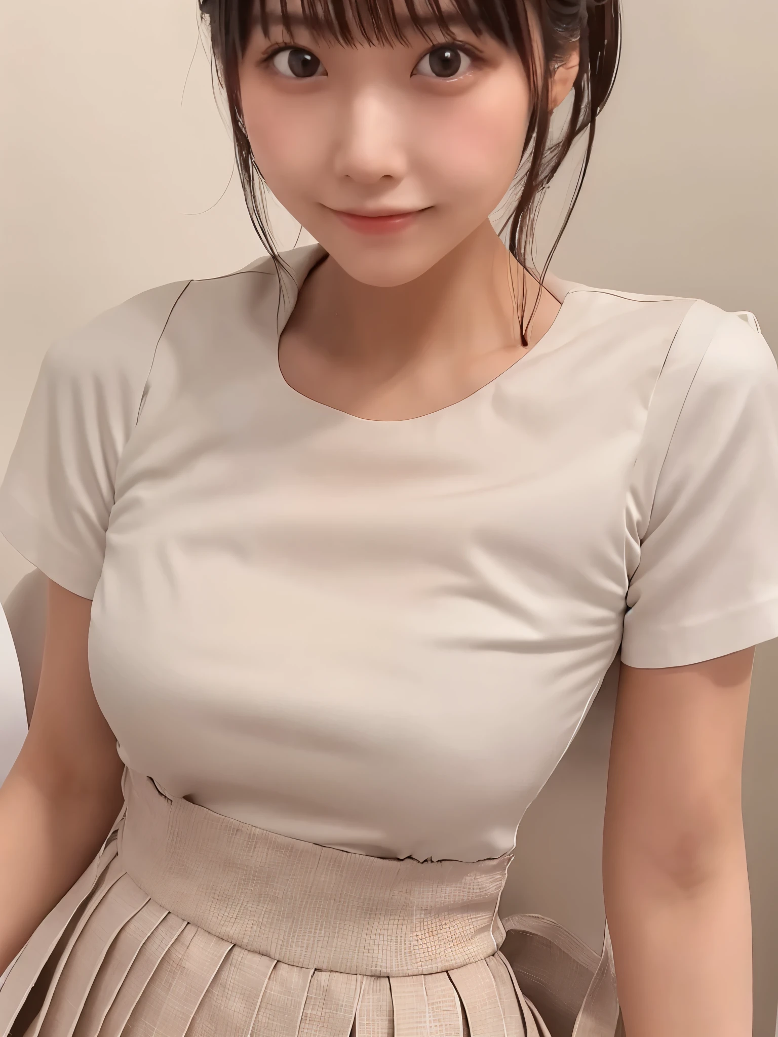 Masterpiece, high quality, high resolution, 8K, ((Skinny Japanese woman in a costume which consists of a short-sleeved white shirt and a light-brown long skirt)), beautiful face, natural makeup, detailed face, detailed eyes, a photo that feels endearing