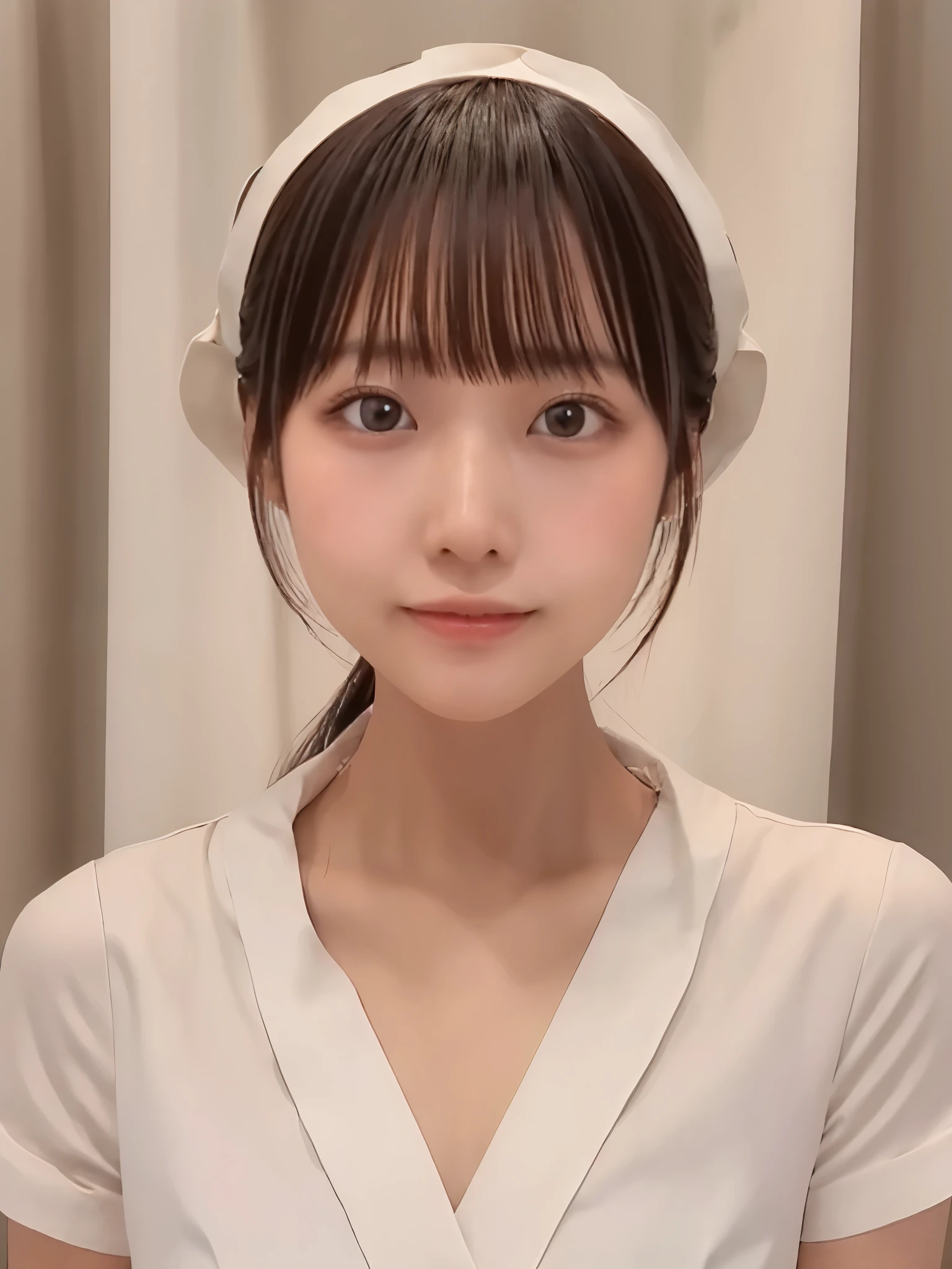 Masterpiece, high quality, high resolution, 8K, ((Skinny Japanese woman in a costume which consists of a short-sleeved white shirt and a light-brown long skirt)), beautiful face, natural makeup, detailed face, detailed eyes, a photo that feels endearing