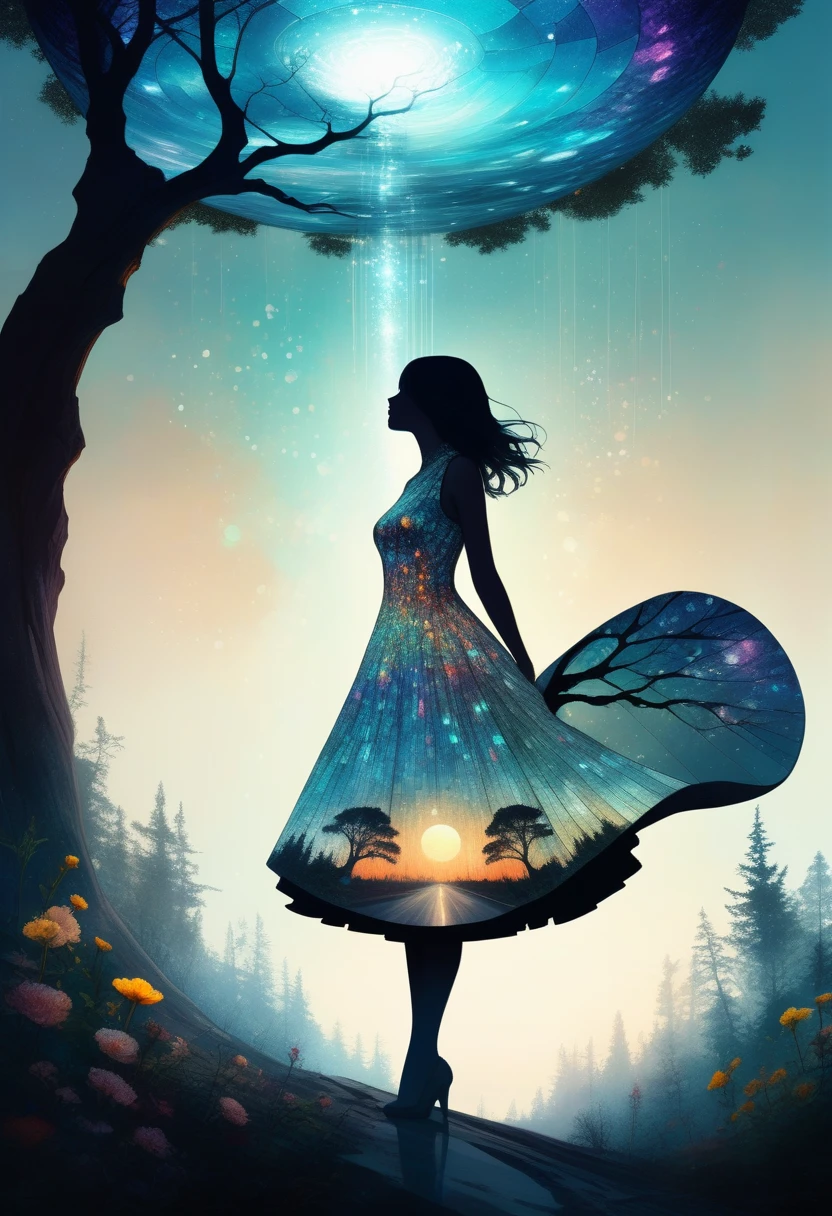Futuristic utopia, Adventure, Aether, Kraken, Nebula, Verdant, Canvas, Spontaneous Human Combustion, Voyage, Lovely, Grateful, Forrest, (Double exposure:1.3) photo of a sexy lady made of mosaic of iridescent crystal glass with sub scattering mirror surface imposing onto transparent tree hollow trunk in living brocade underbust dress made out of flowers, bokeh sky by Peter Gric, Conrad Roset, Brandon Kidwell, Andreas Lie, Dan Mountford, Dan Witz, Agnes Cecile, Jeremy Mann, fine art, super dramatic moonshine, silhouette photo illustration, amazing depth, intricate detailed fine cracked surface, stunning atmosphere, mesmerizing whimsical vibrant scenery, complex masterwork by head of prompt engineering