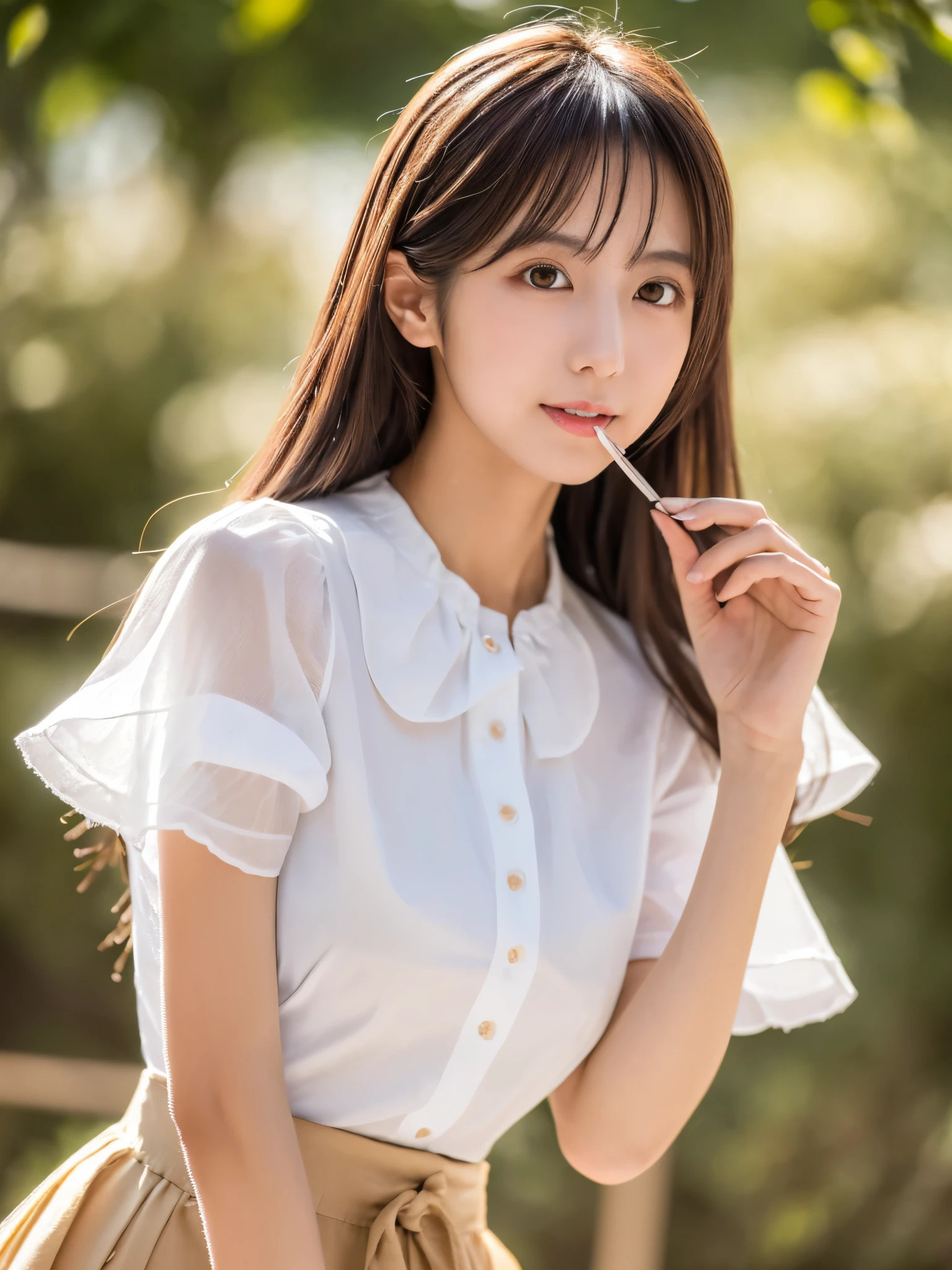 masterpiece, Best Quality, Raw photo, 8K, ultra-detailed face, 1girl, Beautiful detailed skin, backlight, soft light, bashful, (shoot from front:1.2), sad, open your mouth to say something, Luminescent, Anatomically correct, Medium hair, hair blown by the wind, Eyes and faces with detailed, Textured skin, Professional Photography, Bokeh, Portrait, Professional Lighting, Solo, Cute, Girly, Film grain, silk blouse, skirt, outside, forest shining in the morning sun,