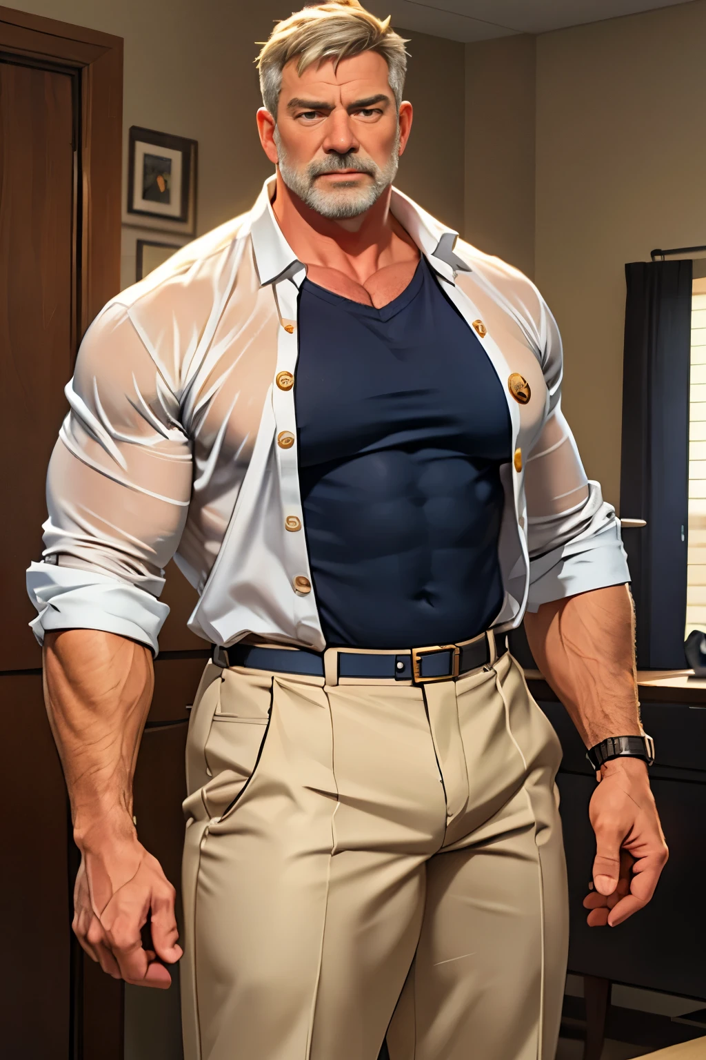 looking 60 years old, White male police detective with a mature, gentle behavior, Strong and muscular build, plumper, whisker, wearing dress pants and a translucent button-down shirt that reveals a hairy chest and a noticeable bulge, giving off a hint of a horny aura, but disgusting, completing the look with comfortable moccasins.