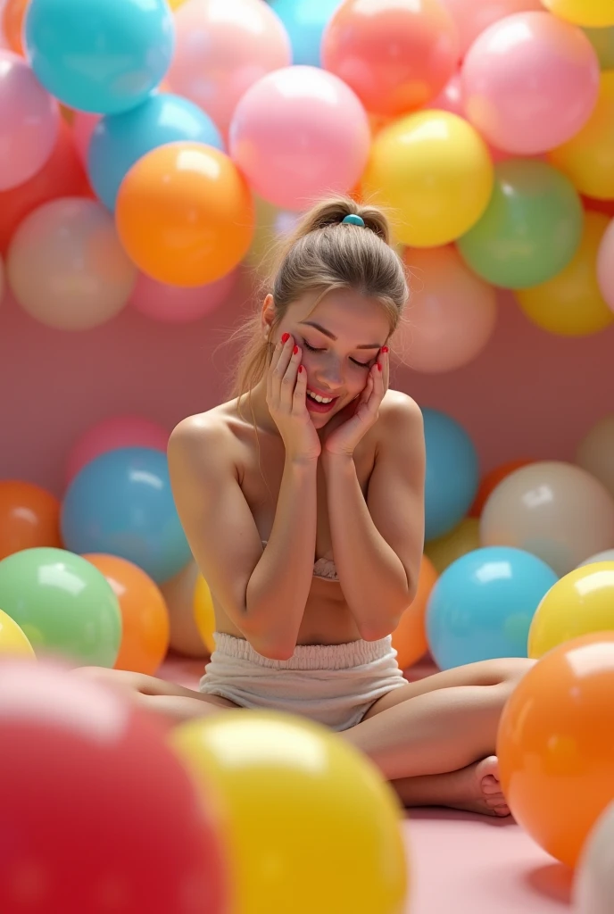 photorealistic girl , legs spread open, eyes open, full body shot, rounded breasasts coveballoons, birthday decorations in the background, birthday cake is covering vagina, fully nude,n pubic hair, etic body, the caucasian girl has long dark chestnut BROWN STRAIGHT hair, casting shadow style, perfect eyes, realistic skin texture, flawed skin, shot with Sony Alpha A6500 1.4f, bokeh, highly detailed, HDR, professional lighting,
