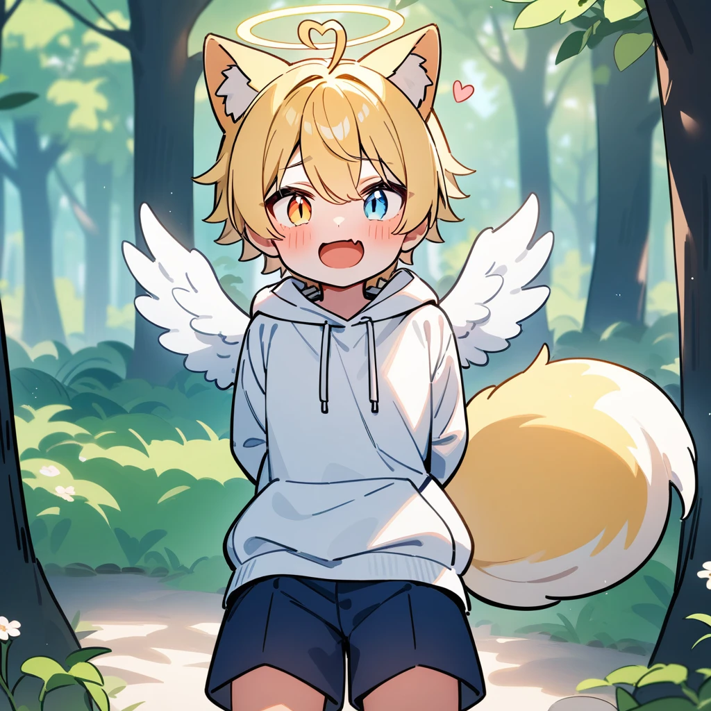 （masterpiece：1.2，high quality），8k，High resolution，A seven-year-old boy，cute boy，blonde hair，short hair， heterochromia，slit pupils，heart ahoge，cat ears，Halo on the head，（Halation），laughing，skin fang，There are white angel wings behind，Wearing a white hoodie，Dark blue shorts，Stand in the forest，There are flowering trees on both sides.，primary school student，thigh，fox tail，alone，((Hands behind your back))