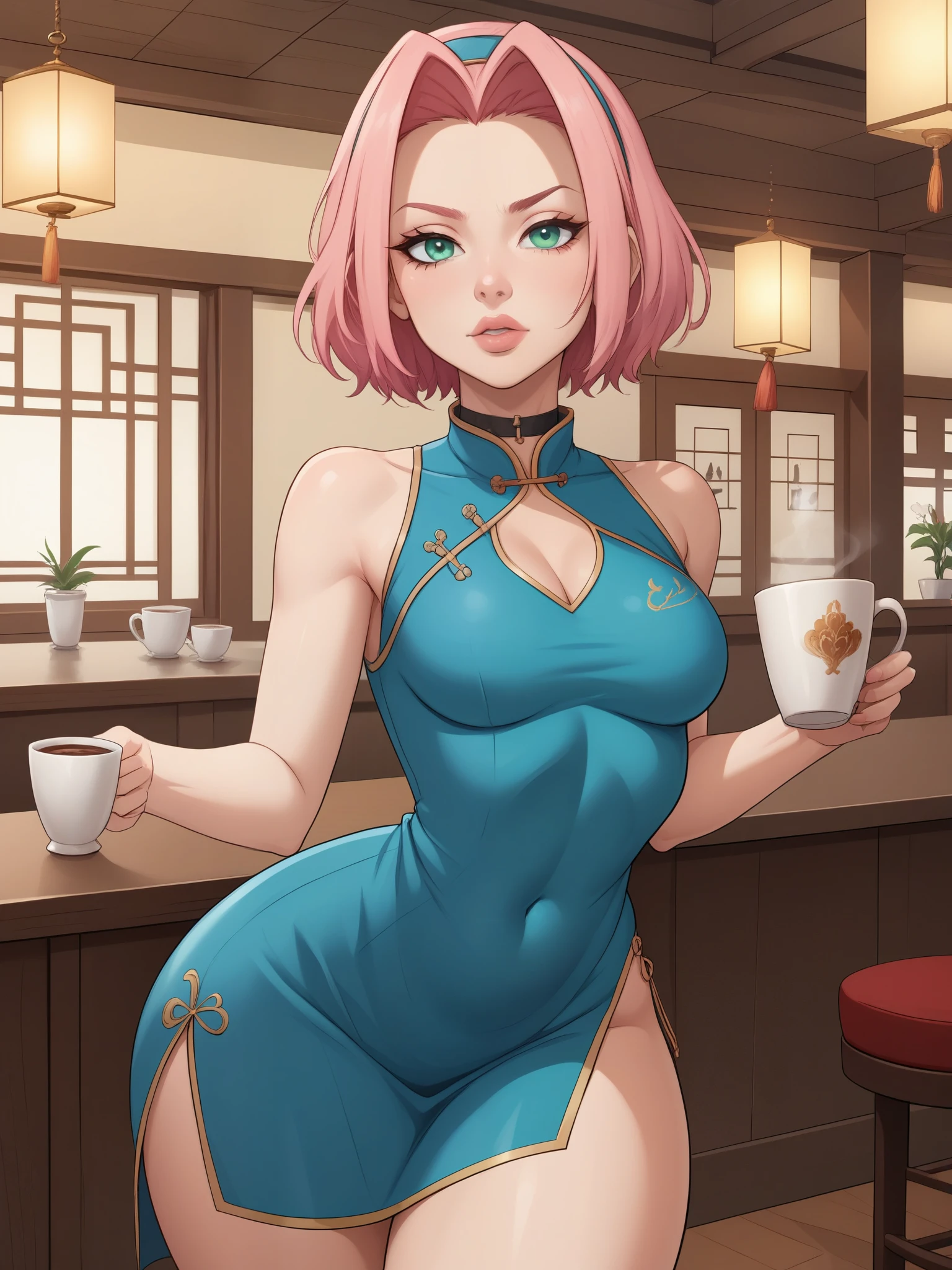 Haruno Sakura.short pale pink hair, large light green eyes, a large forehead, thin lips, small saggy breasts and very fair skin. huge hips. A disdainfully angry expression on his face. choker. china dress. cafe. a cup of coffee and croissants. 
