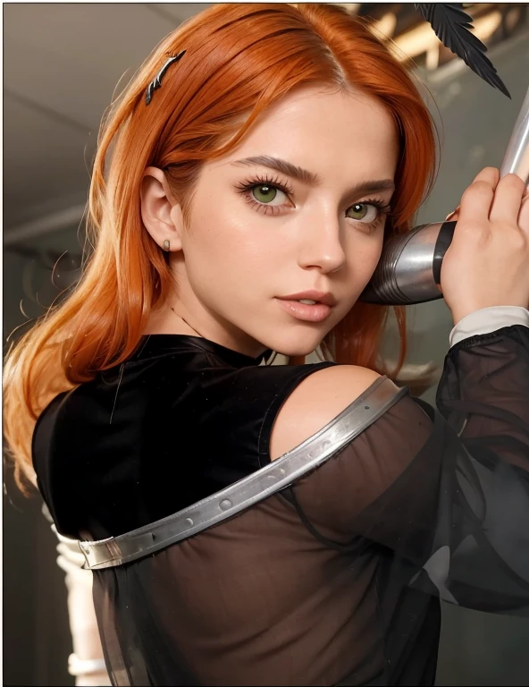 (best quality, masterpiece:1.2) 1girl woman in her 30 years, long orange hair, looking back, makeup, hawkgirl as isabela merced, green eyes, realistic, wearing black crop top, metal bedroom background, grey bird wings on her back, cum on face, holding penis, detailed penis