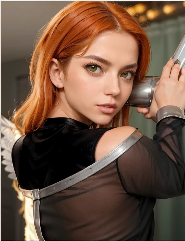 (best quality, masterpiece:1.2) 1girl woman in her 30 years, long orange hair, looking back, makeup, hawkgirl as isabela merced, green eyes, realistic, wearing black crop top, metal bedroom background, grey bird wings on her back, cum on face, holding penis, detailed penis