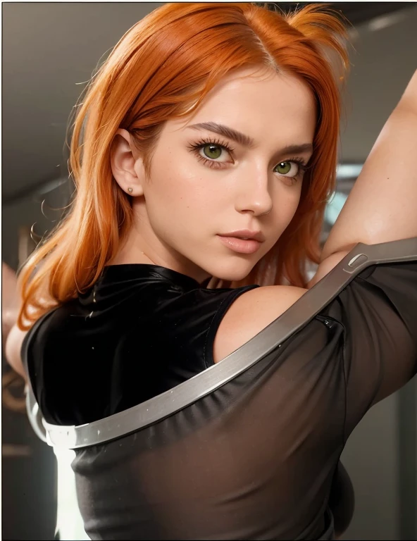 (best quality, masterpiece:1.2) 1girl woman in her 30 years, long orange hair, looking back, makeup, hawkgirl as isabela merced, green eyes, realistic, wearing black crop top, metal bedroom background, grey bird wings on her back, cum on face, holding penis, detailed penis