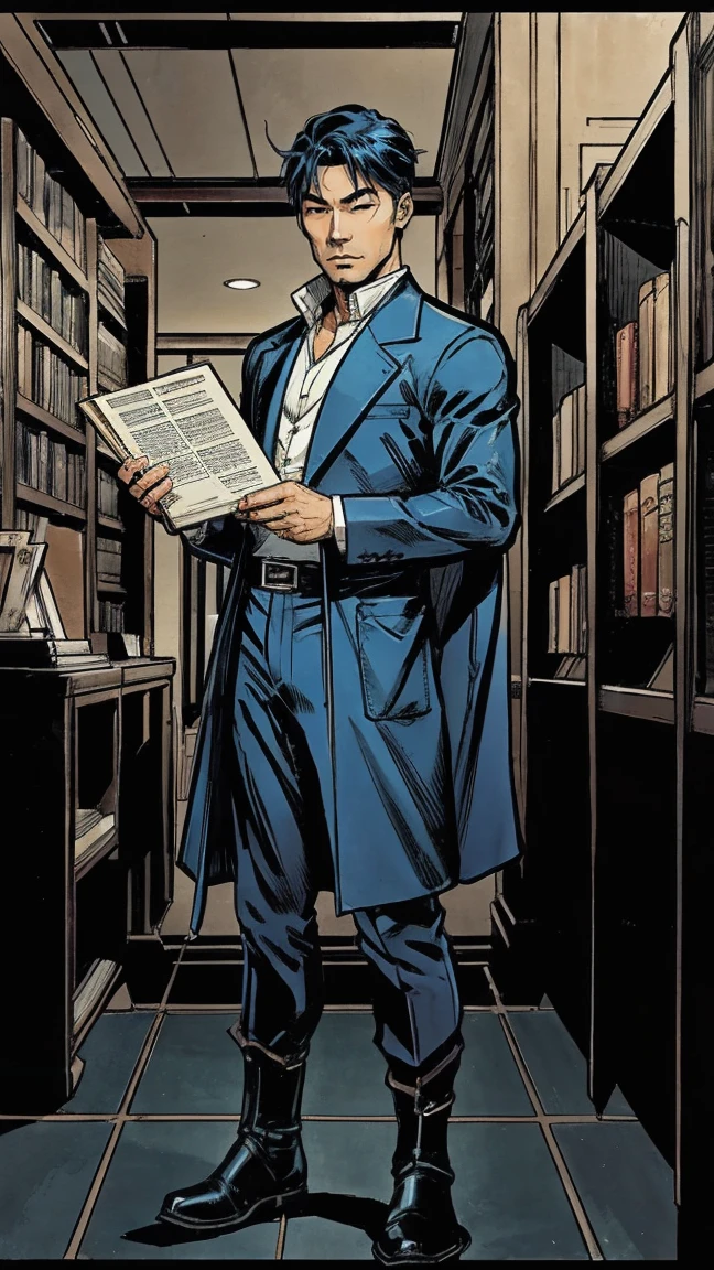 Masculine Asian Men Alchemist, Wearing Sexy Costume, holding manuscript scroll, standing behind blue library, full body portrait from head to toe, showing full body portrait from head to toe, detailed comic artstyle.