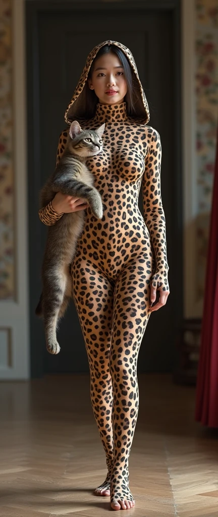 The most beautiful,thin,most pretty and clever Malaysian muslimah adult girl wears giraffe lycra turtleneck unitard catsuit covered with spots.She always wear giraffe print lycra dancewear stretchy hijab covered with many spots.She takes care a cat to eat cat food.