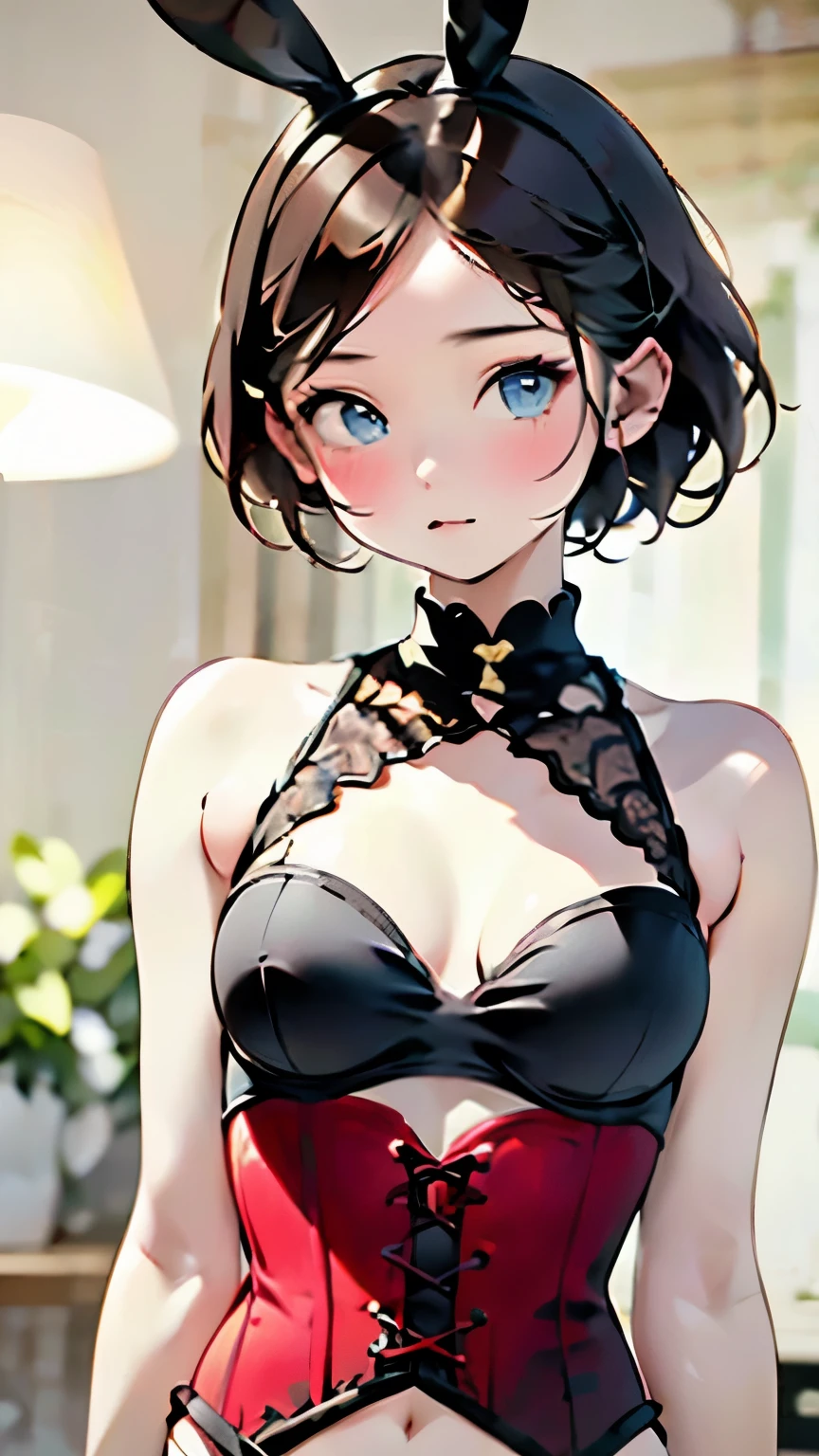 Highest quality、masterpiece、One Girl、Very beautiful woman、Bunny girl、Bunny ears、Wearing a red corset、constrained、Beautiful woman with perfect body lines、Slim Abs、eroticism、、Rubbery、Extremely delicate facial and skin texture、Highly detailed eyes、Female curvy beauty、artistic