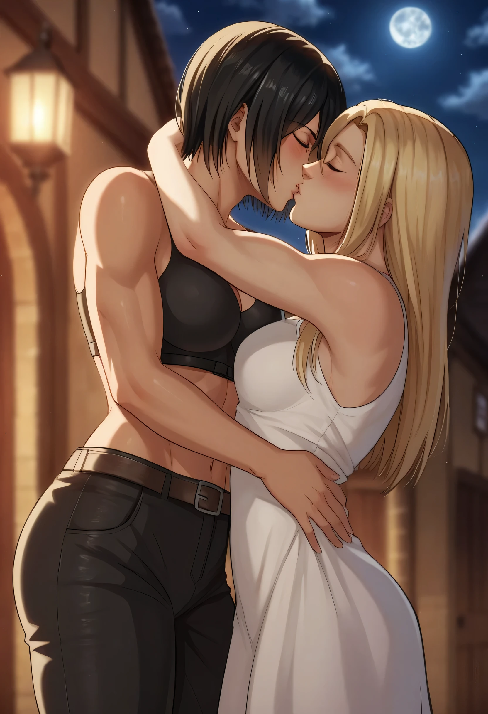 score_9, score_8_up, score_7_up, BREAK source_anime, historia reiss, blue eyes, blonde hair, long hair, medium breasts, long white dress sleeveless,female black hair soldier hugs historia l,Mikasa with historia hugs,mikasa wreanig black sport bra and black combat pants,Mikasa female with short hair,mikasa female medium breasts,eyes closed,in night,moon in sky,mikasa final season,mikasa,Mikasa hugs historia،mikasa femboy,mikasa final season,historia blonde hair,hugs and kissing,mikasa carrying historia and kissing her 