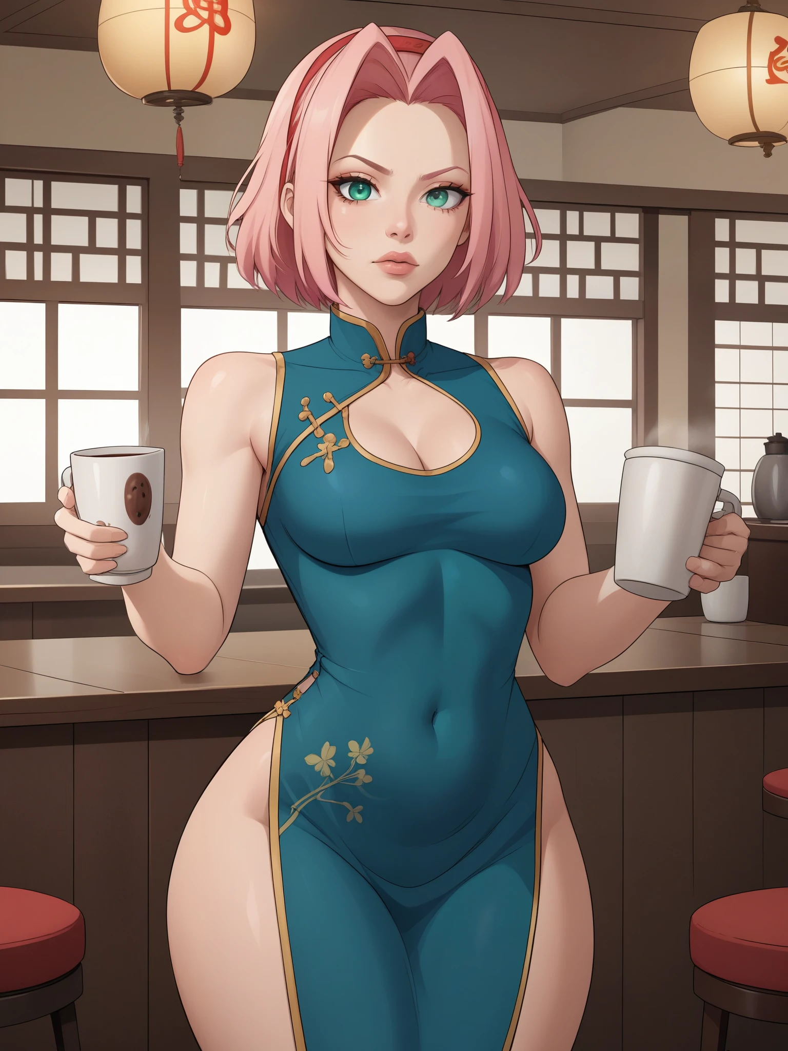 Haruno Sakura.short pale pink hair, large light green eyes, a large forehead, thin lips, small saggy breasts and very fair skin. huge hips. A disdainfully angry expression on his face. choker. china dress. cafe. a cup of coffee and croissants. 
