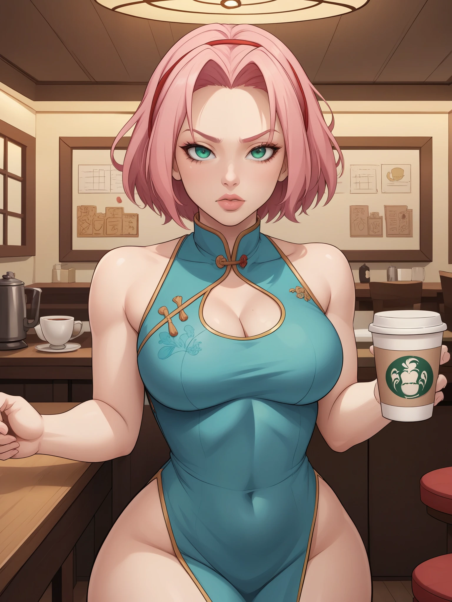 Haruno Sakura.short pale pink hair, large light green eyes, a large forehead, thin lips, small saggy breasts and very fair skin. huge hips. A disdainfully angry expression on his face. choker. china dress. cafe. a cup of coffee and croissants. 
