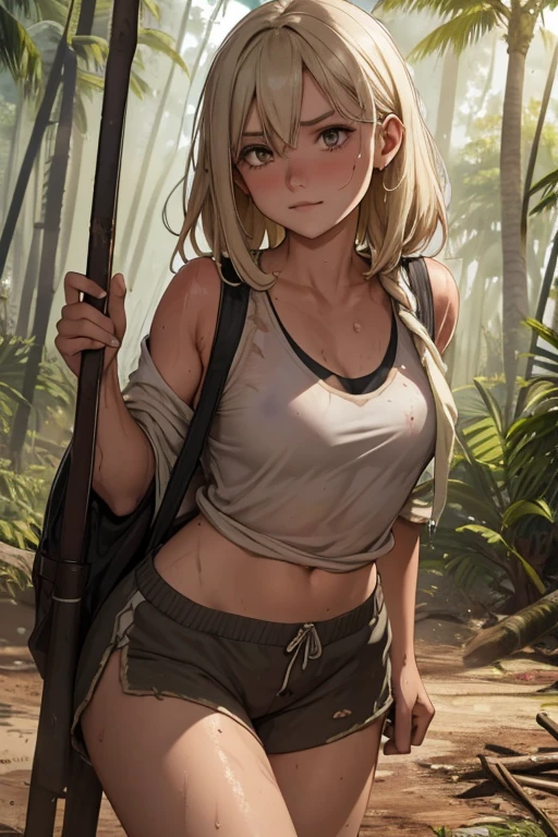 hot girl. woods. dirty. beachfront. spear. Disheveled. Sauvage. mud. dirt. sweaty. covered in mud. Jumpy. sweaty shirt. stinky. duffel bag. torn clothes. dirty laundry. armpit. ssmile. blond. 小柄. spear de madeira. sweaty loose blouse.