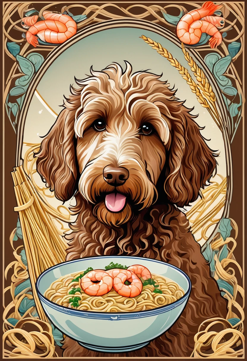 (best quality,4k,8k,highres,masterpiece:1.2),ultra-detailed,10's noodles advertisement poster, Art Nouveau Style, brown labradoodle and a bowl of noodles with shrimp inside, simple color palette, poster takes up the full frame, simple design,