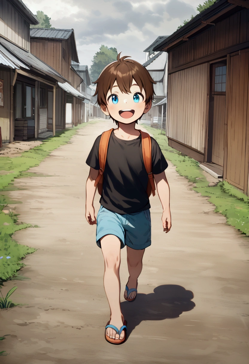   short brown hair, blue eyes black t-shirt, shorts and flip flops, backpack walking along a dirt road in a country town, overcast day, happy child.