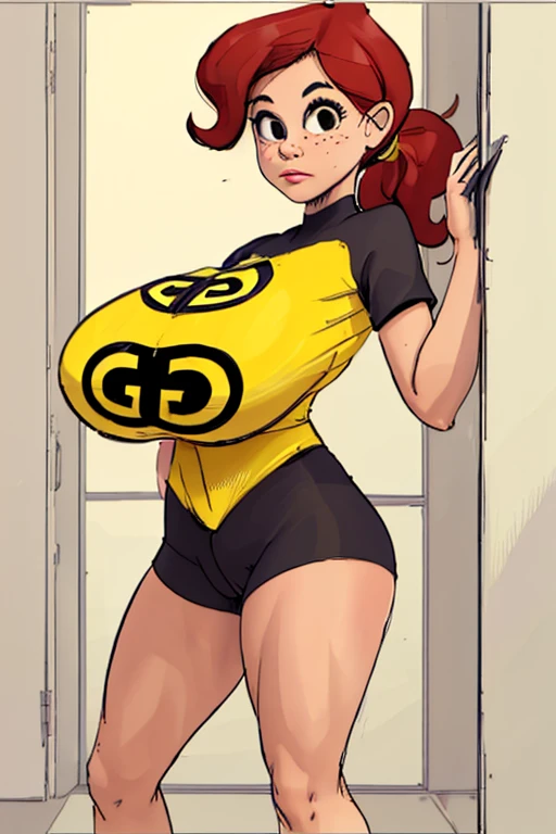 (best quality), (masterpiece), 1 girl, early 20's, huge heavy breasts, thick, thick lips, wide hips, thin waist, gg, yellow shirt, bike shorts, ponytail