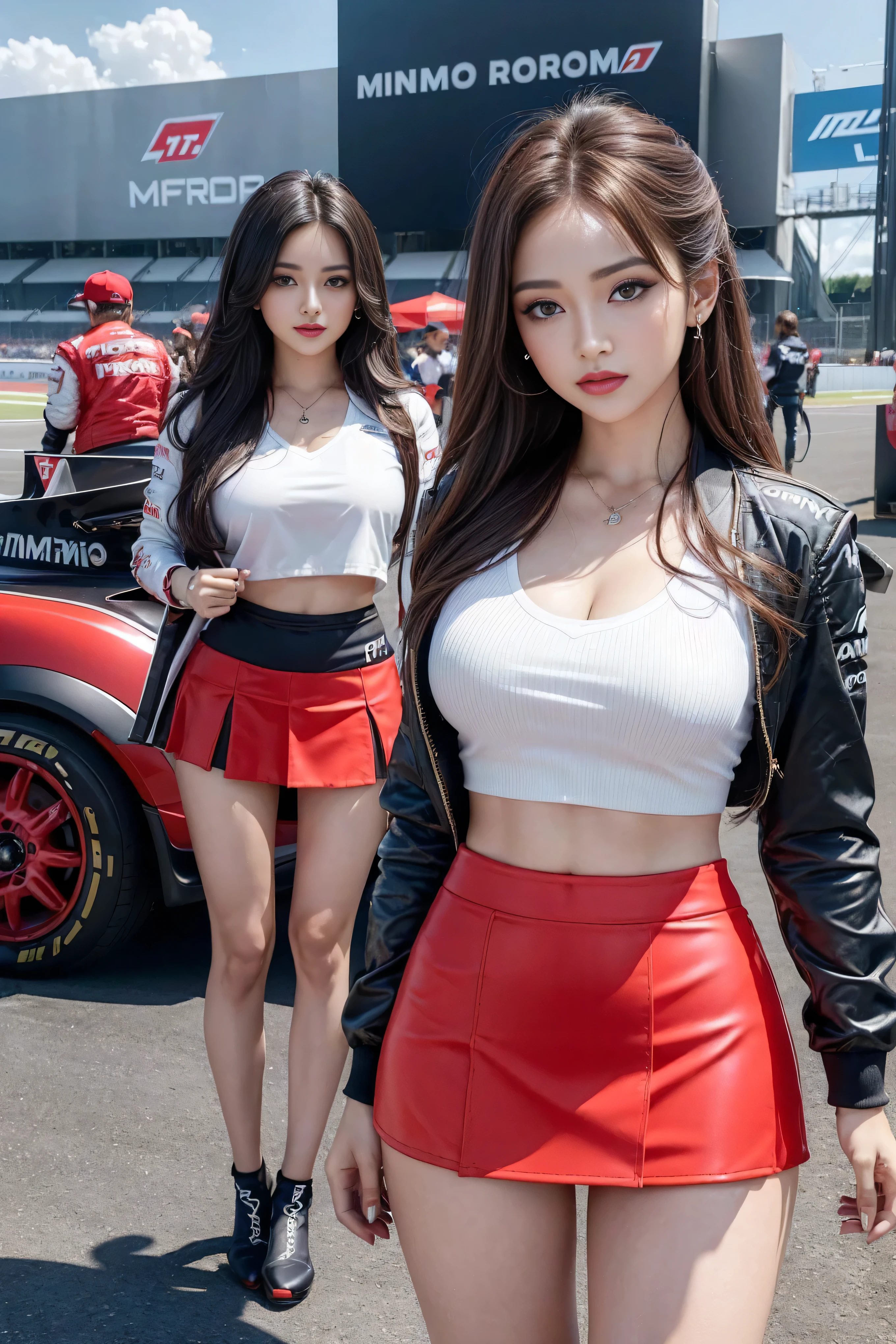 (masterpiece), ( MotoGP Racing Girls), (Eyeliner:0.5),(blush:0.5), Black Hair, A faint smile, Refers to a beautiful and delicate girl, Extremely detailed eyes and face, Beautiful and delicate eyes, , ((MOTOGP events)), (MotoGP track background), (best quality, high resolution, Reality, The original, 8K,masterpiece, ),(((Dynamic poses))),(((Midsection perspective))),(((Showing the underside of the chest ))),(((Red Mini Skirt Lift))),(((Bare inner thighs))),(((Formula One cars on display))), (Vibrant colors:1.2), (fine),