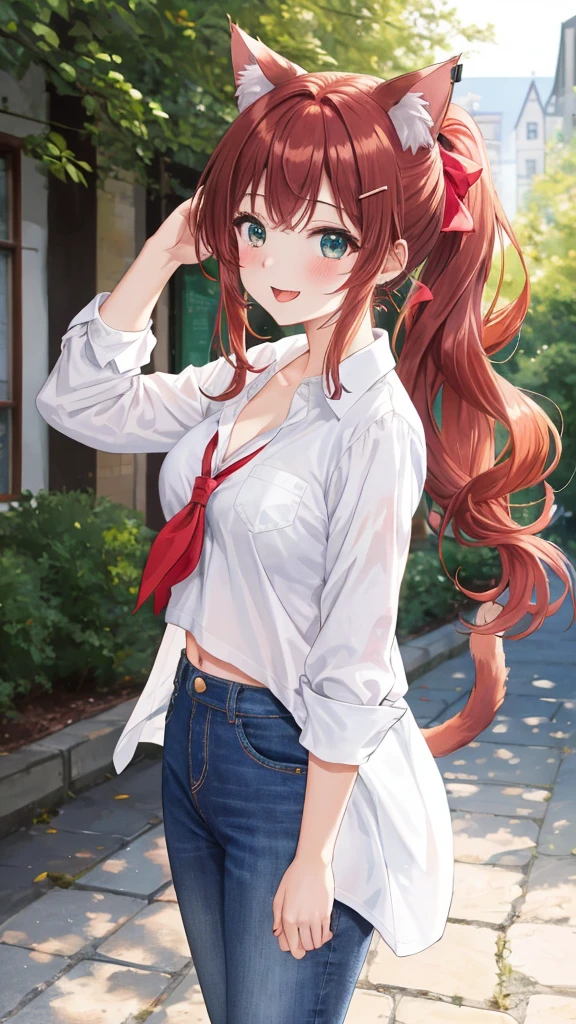 1 beautiful girl posing for photo, anime girl, dynamic poses, (20 year old girl:1.3), (aged up), city, garden, flowering trees, jeans, white tied shirt, shows her back, big rounds breadsts, midriff, (lace bra:0.8), jewelry, dark brown hair, bangs, long hair, 1 ponytail, wavy hair, expressive hair, shiny hair, hairclip, red hair ribbon, cat hair ornament, wince, aqua eyes, glowing eyes, earrings, cat ears, kemonomimi mode, smile, open mouth, glossy lips, blush, tongue, bright pupils, happy, upper teeth, detailed face, perfect body, high detail, anime, Three-quarter view, from behind, dithering, image fill, anime CG style, outside border, border, first-person view, panorama, perspective, good lighting, Wide-Angle, f/1.8, 85mm, Sony FE GM, 8k, super detail, highres, UHD, retina, masterpiece, accurate, anatomically correct, best quality