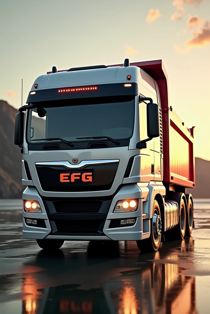 (high quality image, High Definition, 16k, realistic photo) SIDE VIEW OF A RED DAFF TYPE DUMP TRUCK, with the characteristics of a truck, aggressive, powerful. The truck is RED WITH DESINGS, big grill, with the acronym "EFG" on the grill, ON THE beach, sunlight reflecting on the bodywork. wet floor, Water, rain, Obra maestra, Anatómicamente correcto, Detalles altos, Muy detallado, 