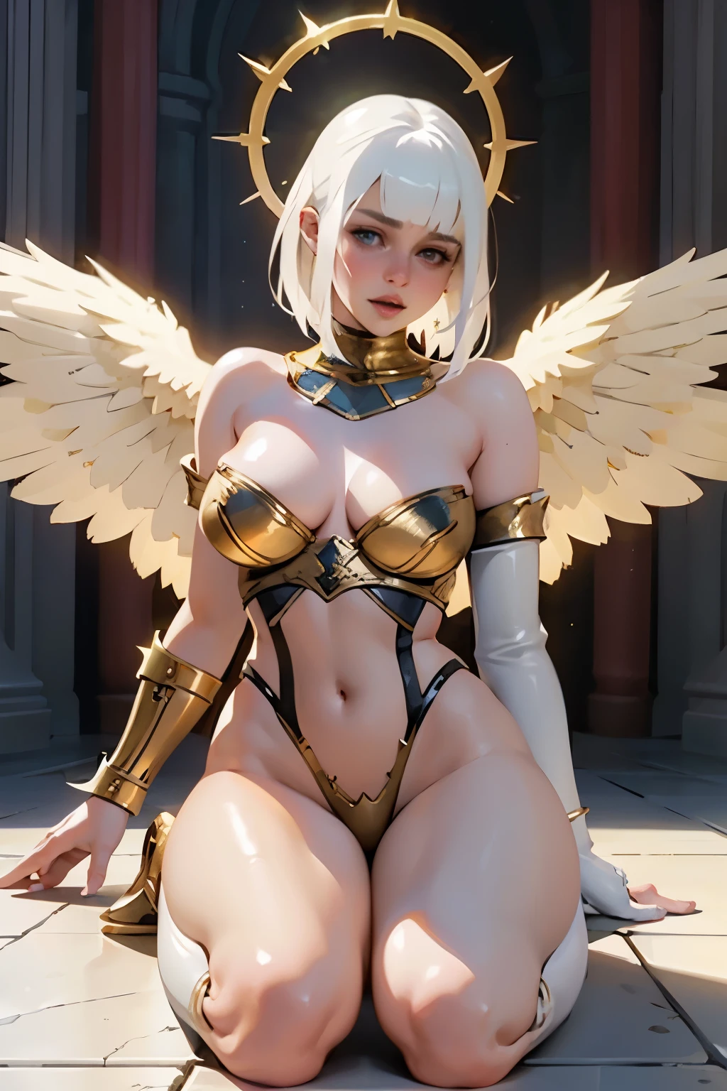 beautiful alluring warrior angel emilia clarke, pale skin, golden halo, beautiful angel wings, inside a holy temple, sunrays, loose white linen chiton and angelic metal armor parts, cleavage, fantasy Theme, Fiverr Dnd Character, Octane Render, Digital Art, Extreme Detail, 4k, Ultra Hd, Polished, Beautiful, Hyperdetailed, Intricate, Elaborate, Meticulous, Photorealistic, Sharp Focus, Wlop, Character Design, Unreal Engine, 3d Rendered, Volumetric Lighting, Reflections, Glossy, Digital Illustration, Pose, Suggestive Pose, Lewd, Full Body Shot, anatomically correct, 💖❤💕💋❣