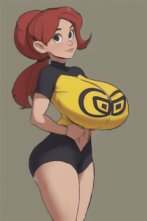 (best quality), (masterpiece), 1 girl, early 20's, huge heavy breasts, thick, thick lips, wide hips, thin waist, gg, yellow shirt, bike shorts, ponytail