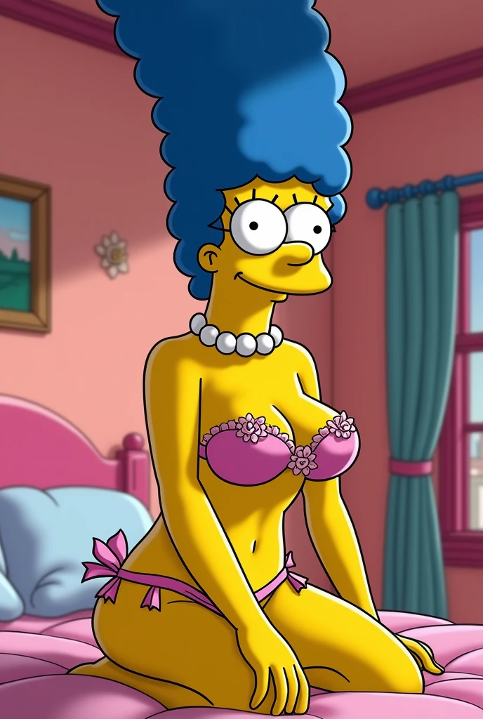 high resolution, Marge Simpson, obra de arte, 1 garota, ((booba)), Rosto sorridente, cabelo azul, cabelo longo,quadris largos, coxa grossa, seios medio, enorme bunda redonda, pele brilhante, pele amarela, Mamilos, fechar-se, curvando-se, futa cock, super cum