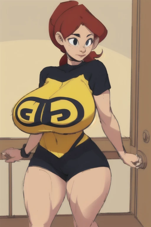 (best quality), (masterpiece), 1 girl, early 20's, huge heavy breasts, thick, thick lips, wide hips, thin waist, gg, yellow shirt, bike shorts, ponytail