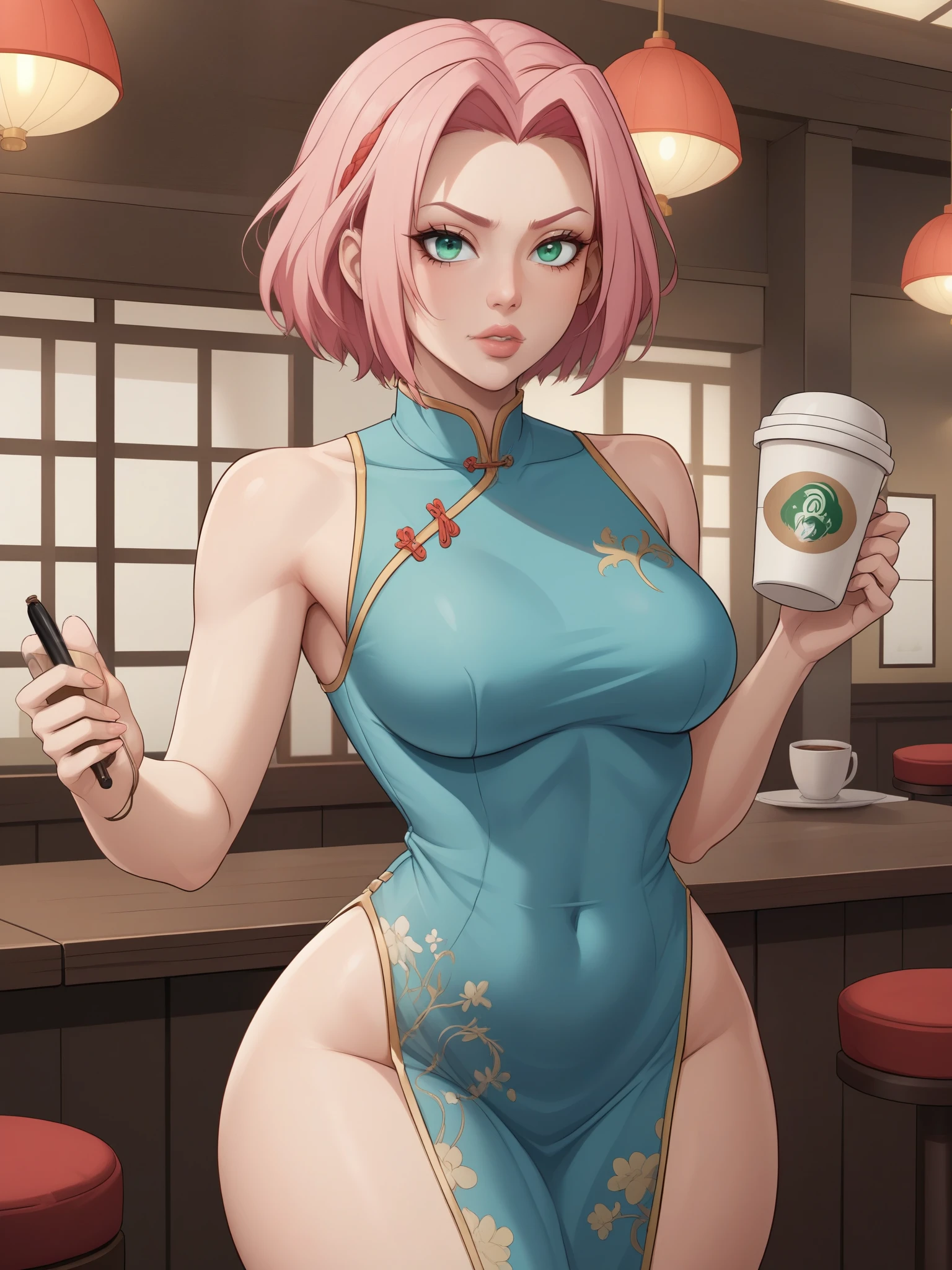 Haruno Sakura.short pale pink hair, large light green eyes, a large forehead, thin lips, small saggy breasts and very fair skin. huge hips. A disdainfully angry expression on his face. choker. china dress. cafe. a cup of coffee and croissants. 
