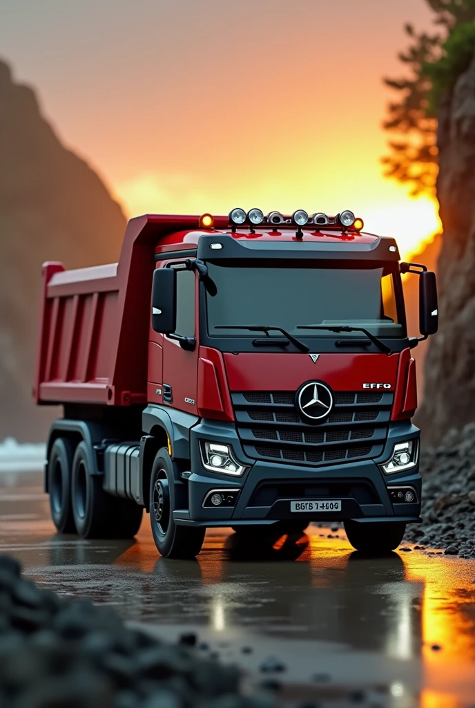 (high quality image, High Definition, 16k, realistic photo) SIDE VIEW OF A DAFF TYPE DUMP TRUCK, with the characteristics of a truck, aggressive, powerful. The truck is RED WITH DESINGS, big grill, with the acronym "EFG" on the grill, ON THE beach, sunlight reflecting on the bodywork. wet floor, Water, rain, Obra maestra, Anatómicamente correcto, Detalles altos, Muy detallado, 