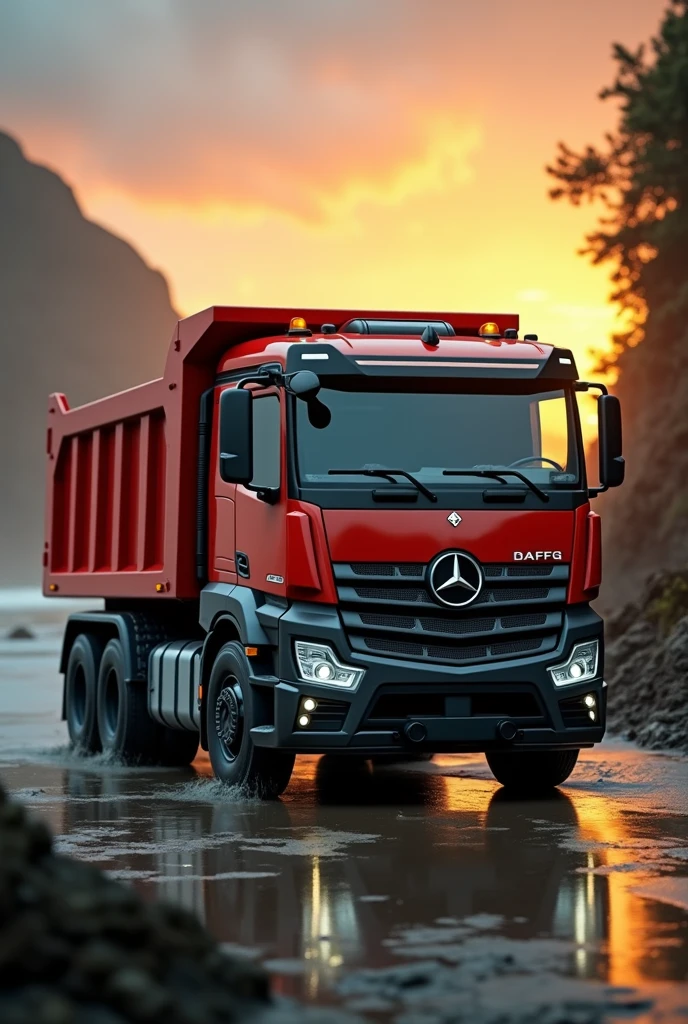 (high quality image, High Definition, 16k, realistic photo) SIDE VIEW OF A DAFF TYPE DUMP TRUCK, with the characteristics of a truck, aggressive, powerful. The truck is RED WITH DESINGS, big grill, with the acronym "EFG" on the grill, ON THE beach, sunlight reflecting on the bodywork. wet floor, Water, rain, Obra maestra, Anatómicamente correcto, Detalles altos, Muy detallado, 