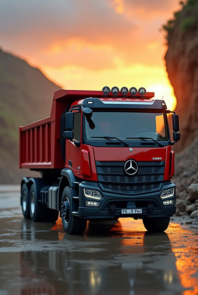 (high quality image, High Definition, 16k, realistic photo) SIDE VIEW OF A DAFF TYPE DUMP TRUCK, with the characteristics of a truck, aggressive, powerful. The truck is RED WITH DESINGS, big grill, with the acronym "EFG" on the grill, ON THE beach, sunlight reflecting on the bodywork. wet floor, Water, rain, Obra maestra, Anatómicamente correcto, Detalles altos, Muy detallado, 