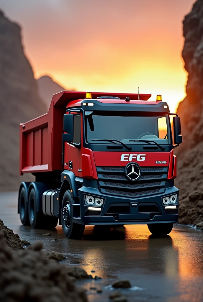 (high quality image, High Definition, 16k, realistic photo) SIDE VIEW OF A DAFF TYPE DUMP TRUCK, with the characteristics of a truck, aggressive, powerful. The truck is RED WITH DESINGS, big grill, with the acronym "EFG" on the grill, ON THE beach, sunlight reflecting on the bodywork. wet floor, Water, rain, Obra maestra, Anatómicamente correcto, Detalles altos, Muy detallado, 