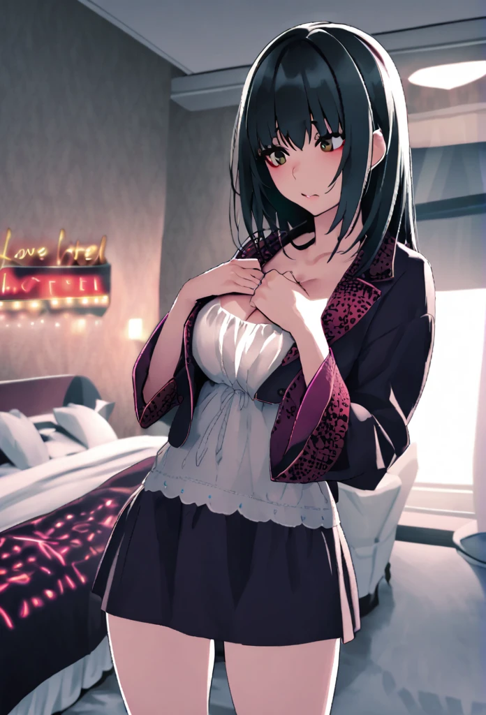 Erotic scenarios, an Italian girl with very long black hair, thin, girl, the girl is wearing a blouse and a miniskirt with lapels、(A very large cleavage)、(((Love hotel bedroom:1.8)))