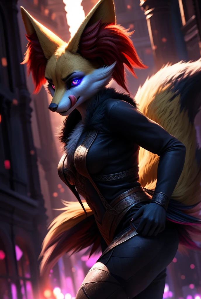 A braixen furry character, detailed 8K painting, bending over with seductive smug expression, licking lips, black fur on legs, yellow extra fur on waist, long fluffy raised tail, dark fantasy night scene background, dramatic lighting and shadows, highly detailed face, intricate fur textures, glowing eyes, cinematic composition, moody atmosphere, intense chiaroscuro, vibrant colors, dramatic shadows, dynamic pose, beautiful detailed eyes, beautiful detailed lips, extremely detailed face, longeyelashes, (best quality,4k,8k,highres,masterpiece:1.2),ultra-detailed,(realistic,photorealistic,photo-realistic:1.37),HDR,UHD,studio lighting,ultra-fine painting,sharp focus,physically-based rendering,extreme detail description,professional,vivid colors,bokeh,fantasy,dark fantasy,dramatic lighting