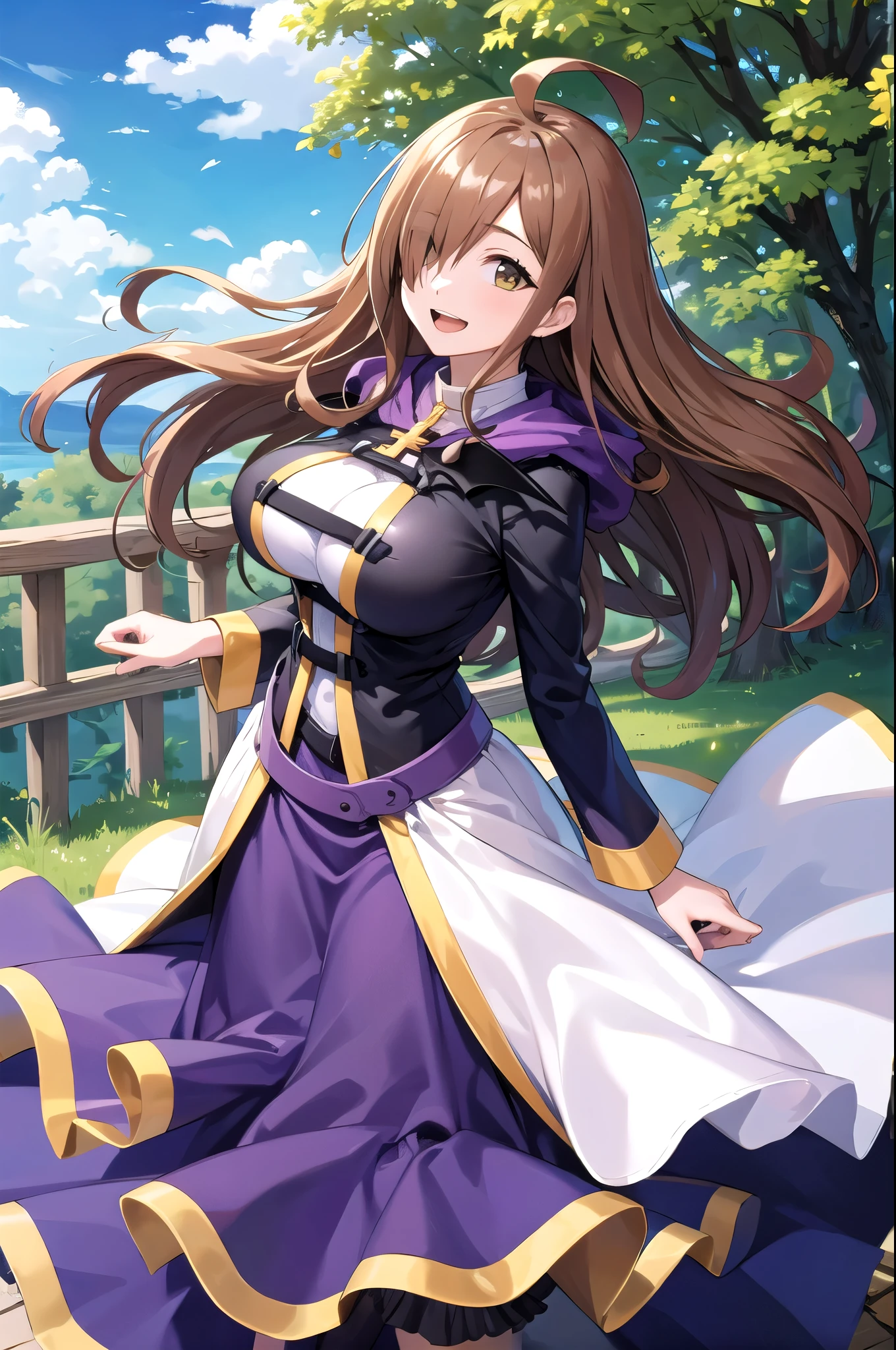 (masterpiece, best quality, detailed), 1girl, solo, wizrnd, brown hair, long hair, hair over one eye, ahoge, brown eyes, looking at viewer,big breasts,
wizdef, dress, purple dress, long sleeves, long dress, cross, witch hut, tree, sky, wind, open mouth, smile, dutch angle, looking up, from above