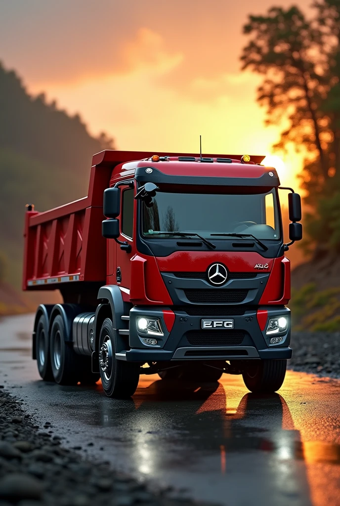 (high quality image, High Definition, 16k, realistic photo) SIDE VIEW OF A DAFF TYPE DUMP TRUCK, with the characteristics of a truck, aggressive, powerful. The truck is RED WITH DESINGS, big grill, with the acronym "EFG" on the grill, ON THE beach, sunlight reflecting on the bodywork. wet floor, Water, rain, Obra maestra, Anatómicamente correcto, Detalles altos, Muy detallado, 