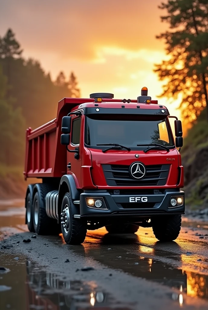 (high quality image, High Definition, 16k, realistic photo) SIDE VIEW OF A DAFF TYPE DUMP TRUCK, with the characteristics of a truck, aggressive, powerful. The truck is RED WITH DESINGS, big grill, with the acronym "EFG" on the grill, ON THE beach, sunlight reflecting on the bodywork. wet floor, Water, rain, Obra maestra, Anatómicamente correcto, Detalles altos, Muy detallado, 