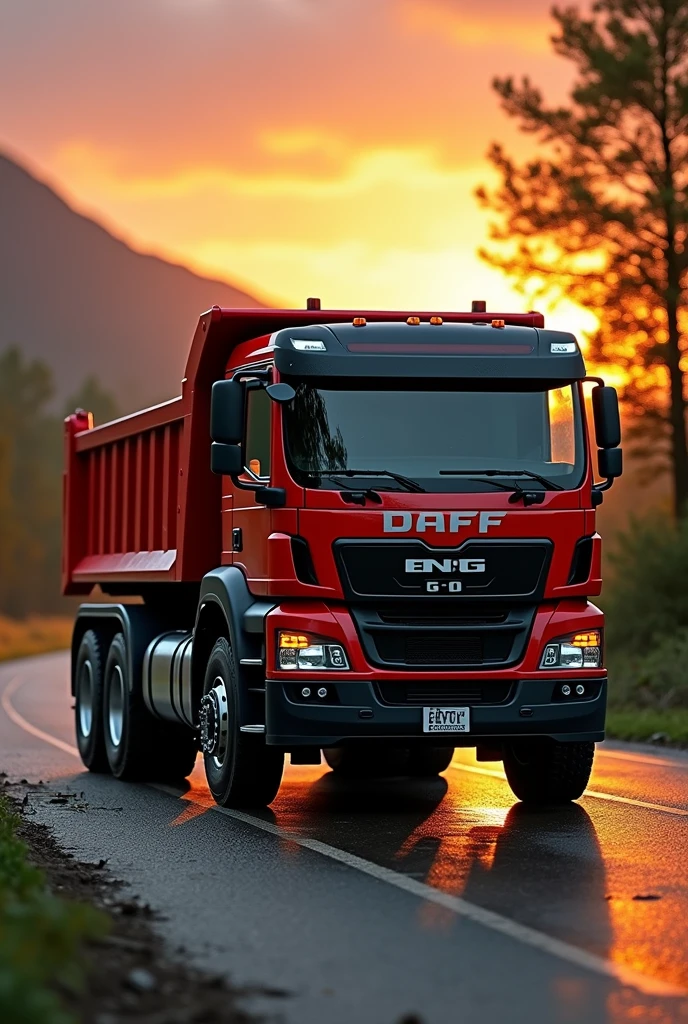 (high quality image, High Definition, 16k, realistic photo) SIDE VIEW OF A DAFF TYPE DUMP TRUCK, with the characteristics of a truck, aggressive, powerful. The truck is RED WITH DESINGS, big grill, with the acronym "EFG" on the grill, ON THE beach, sunlight reflecting on the bodywork. wet floor, Water, rain, Obra maestra, Anatómicamente correcto, Detalles altos, Muy detallado, 