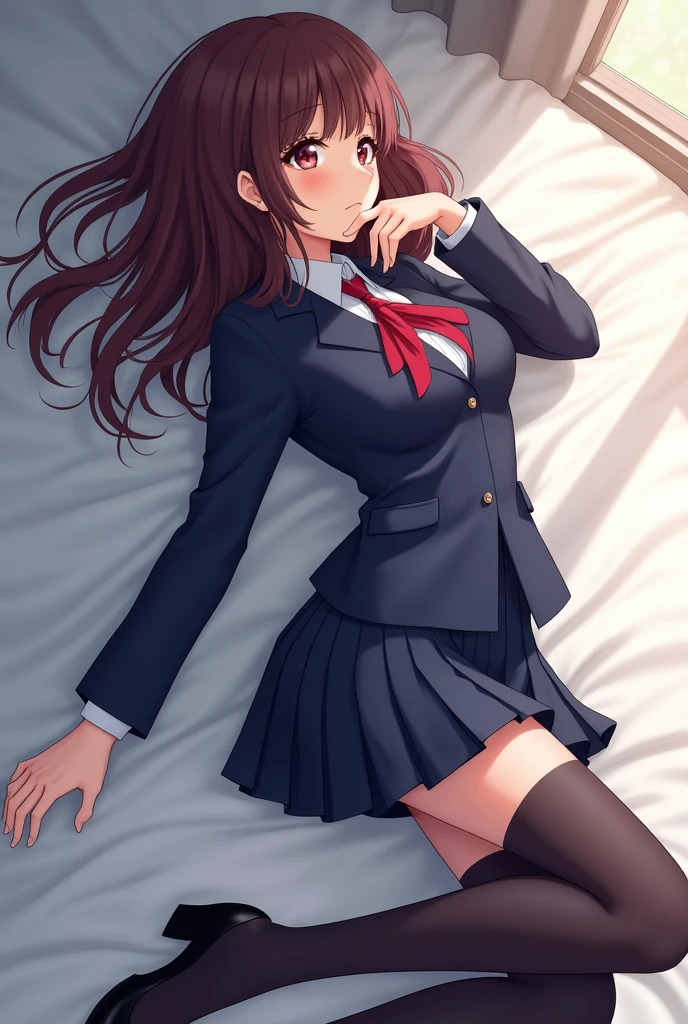Top quality, masterpiece, insanely detailed, (Full body shot), front view, symmetry, Mature Japanese high school girl, alone, (Solo: 1.3), slender legs, whole body from head to toe, from above, sitting, M-shaped legs, staring at the viewer: 1.3), small breasts, (black pantyhose): 1.2), white panties showing through the stockings, very beautiful 17 year old girl, no shoes, (Blush: 1.3), Shy big eyes, (Short (brown hairy part), (bangs), messy hair, (hair clip), lying on white sheets, looking at you: 1.3), looking at the camera, white panties visible, white lingerie, high school uniform blazer, high school uniform white blouse, high school uniform blue ribbon, high school uniform plaid and navy pleated short skirt, Misaka Mikoto, brown very long hair, brown eyes